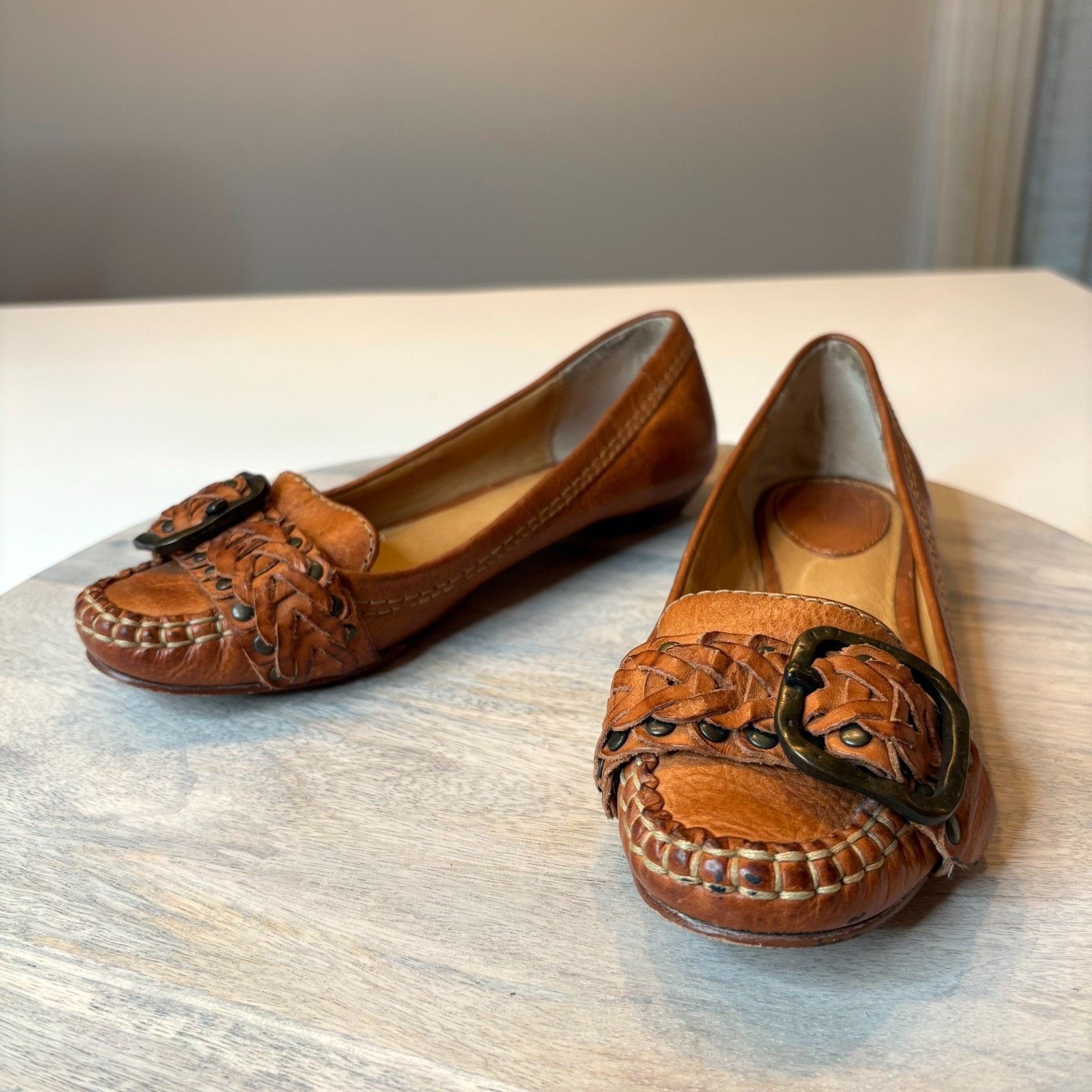 Frye Frye Ruby Woven Moc Cognac Leather Flats Women’s Size 6M Size US 6 / IT 36 - 1 Thumbnail