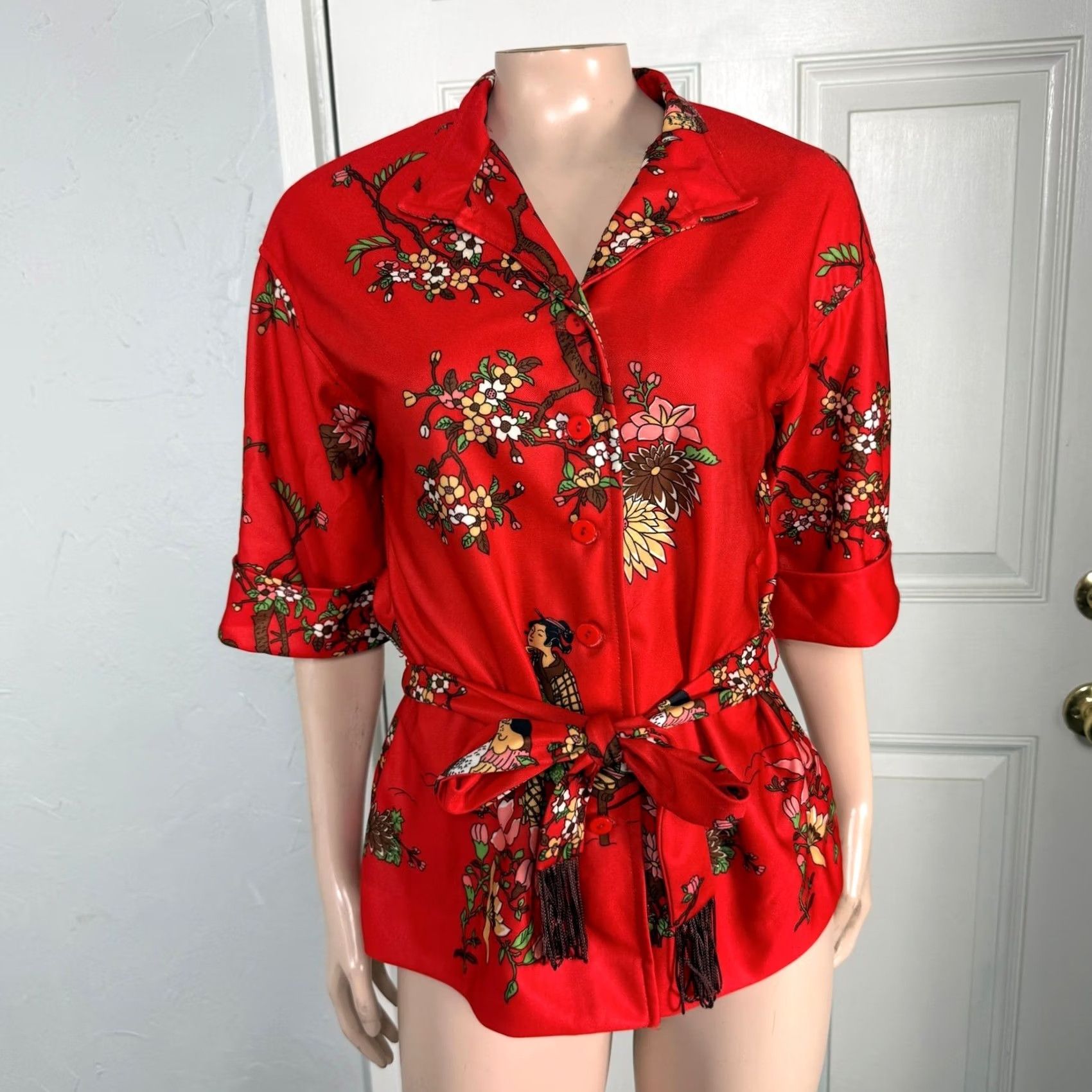 Vintage VINTAGE Leslie Fay Shirt Womens Floral Button Knit 70s Red Long Sleeve Classic Bohemian Yellow? Size S / US 4 / IT 40 - 2 Thumbnail
