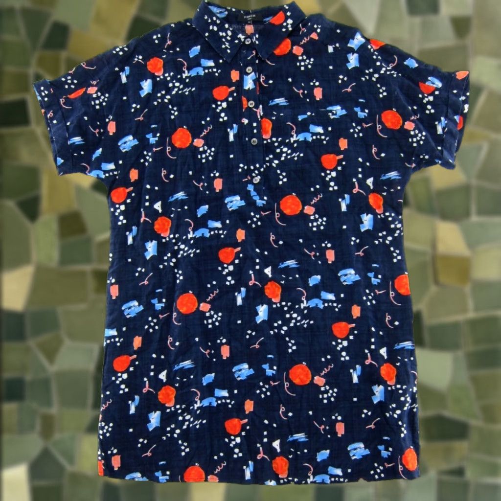 Vintage FRNCH Paris Shirt Dress M/L Cotton Navy Blue Orange Pink Short Sleeve Collared Shirt Dress Women Size M / US 6-8 / IT 42-44 - 1 Thumbnail