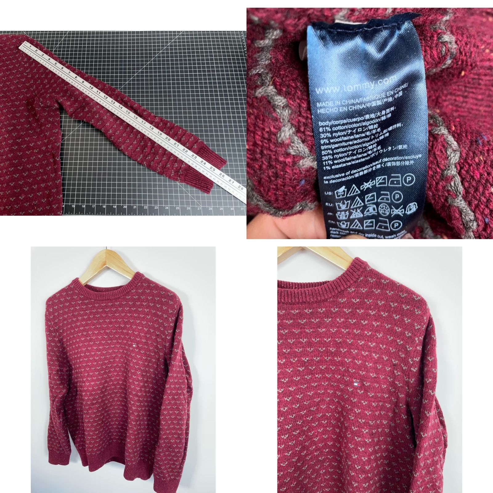 Tommy Hilfiger VINTAGE Tommy Hilfiger Sweater Men's Large Dark Red Birdseye Pattern Wool Blend Chunky Knit Crewneck Size US L / EU 52-54 / 3 - 8 Thumbnail
