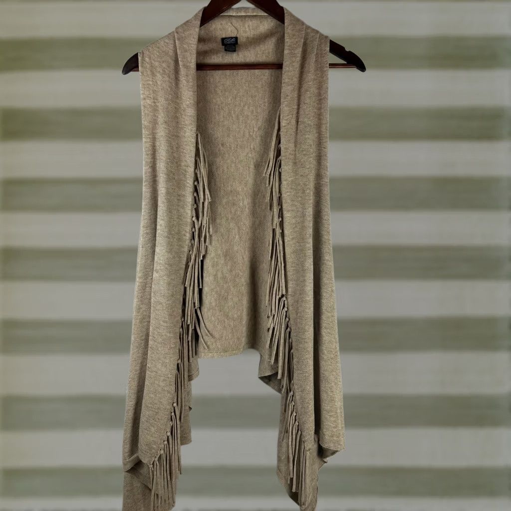 Vintage Roffe Accessories Vest Women One Size Tan Heathered Knit Open Front Fringe Casual Boho Western Size ONE SIZE - 1 Thumbnail