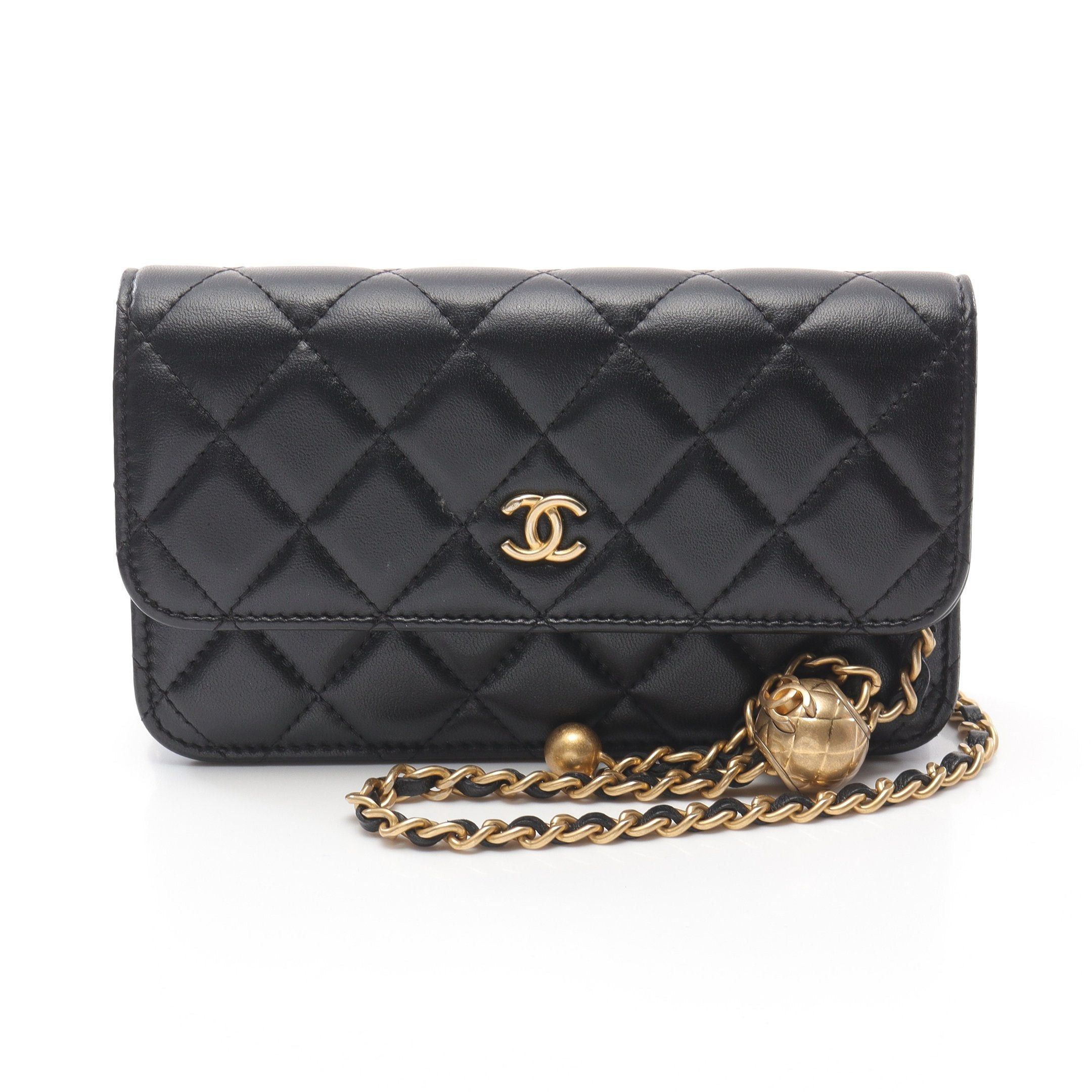 Chanel Matelasse Phone Case Chain Shoulder Bag Lambskin Black Gold Hardware, Women's