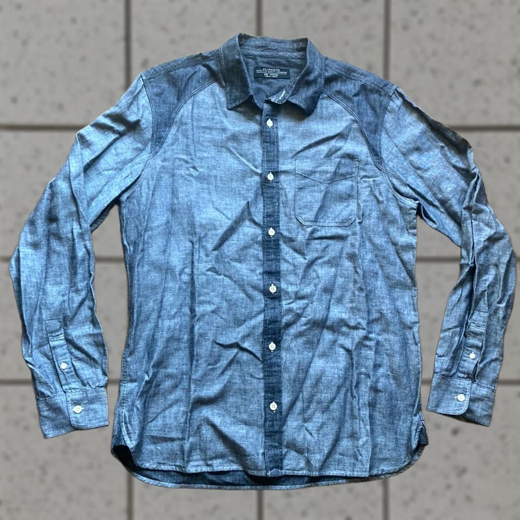 Allsaints ALLSAINTS Cadogan Shirt Mens Medium Blue Chambray Button-Up Linen Blend Shirt Size US M / EU 48-50 / 2 - 1 Thumbnail