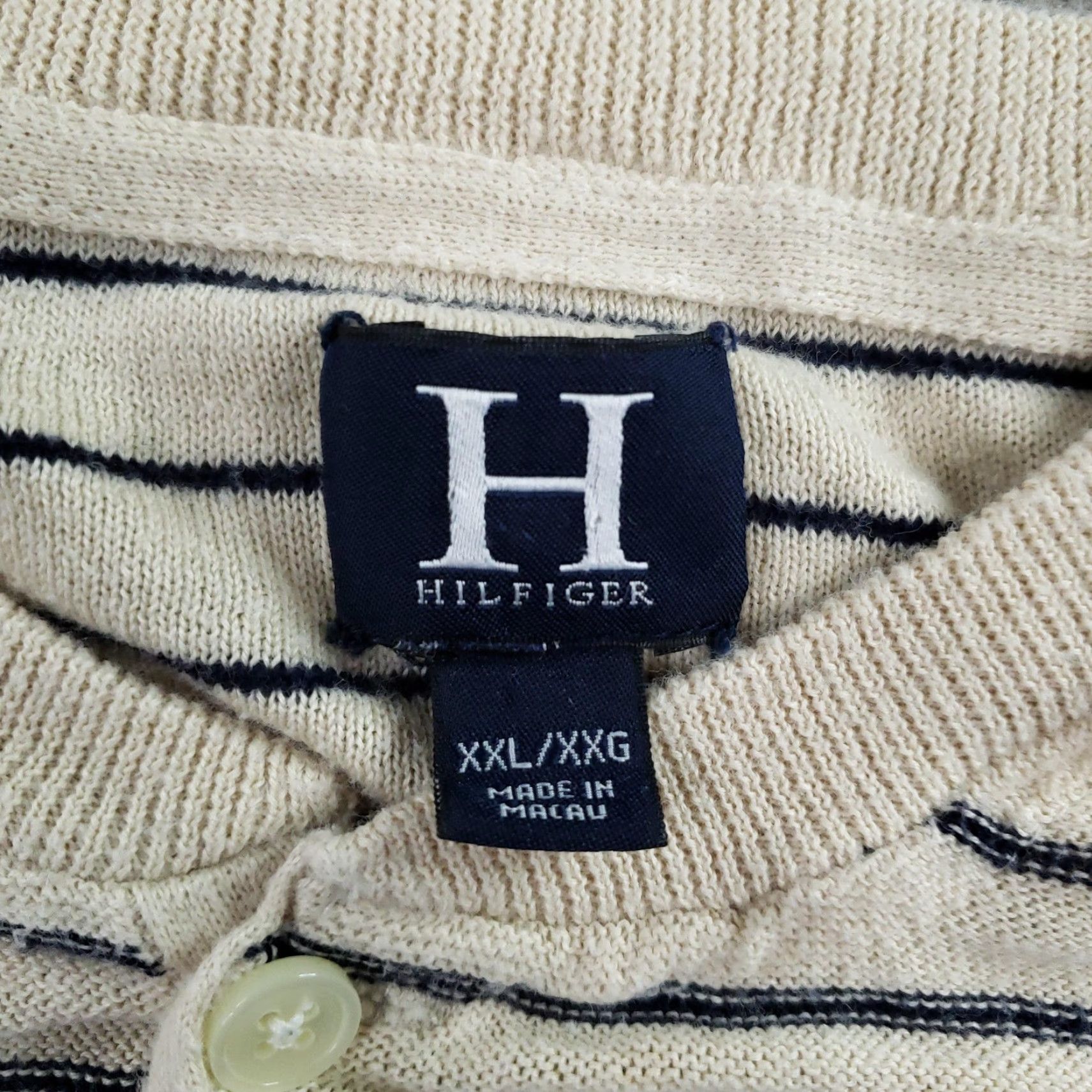 Tommy Hilfiger Hilfiger Sweater Mens 2XL Beige Navy Stripe Cotton Henley Crewneck Pullover Size US XXL / EU 58 / 5 - 5 Thumbnail