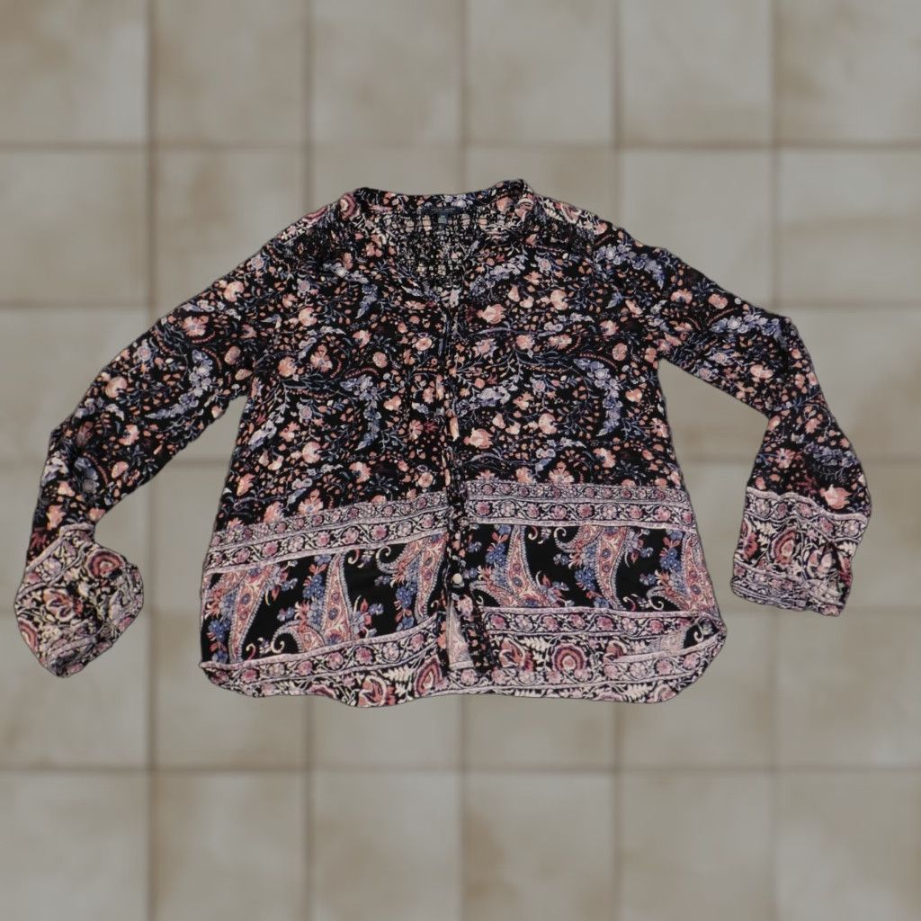 Lucky Brand Lucky Brand Button-Up Womens Top Small Black Floral Geometric Casual Viscose Size S / US 4 / IT 40 - 1 Thumbnail