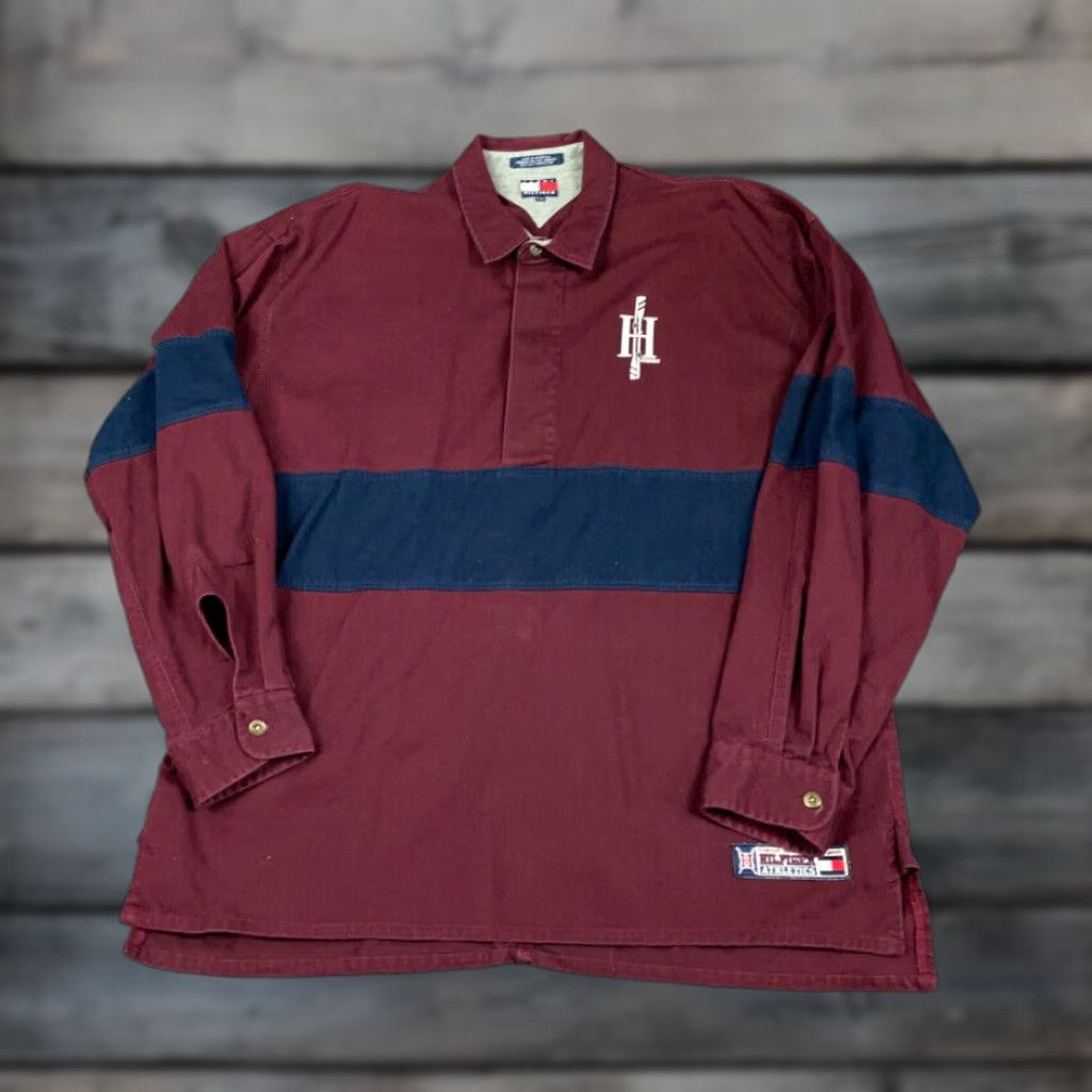 Tommy Hilfiger VINTAGE Tommy Hilfiger Athletics Shirt Striped 1/2-Button Dark Red Blue Heavyweight Cotton Adult XL Men Casual Workwear 90s Crest Pocket Button-Front Size US XL / EU 56 / 4 - 1 Thumbnail