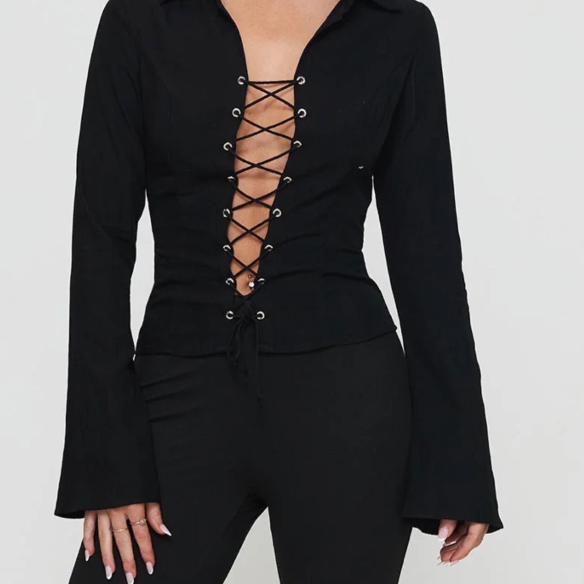 PRINCESS POLLY Princess Polly Women’s Black Lace-Up Long Sleeve Top Size 8 Size M / US 6-8 / IT 42-44 - 1 Thumbnail