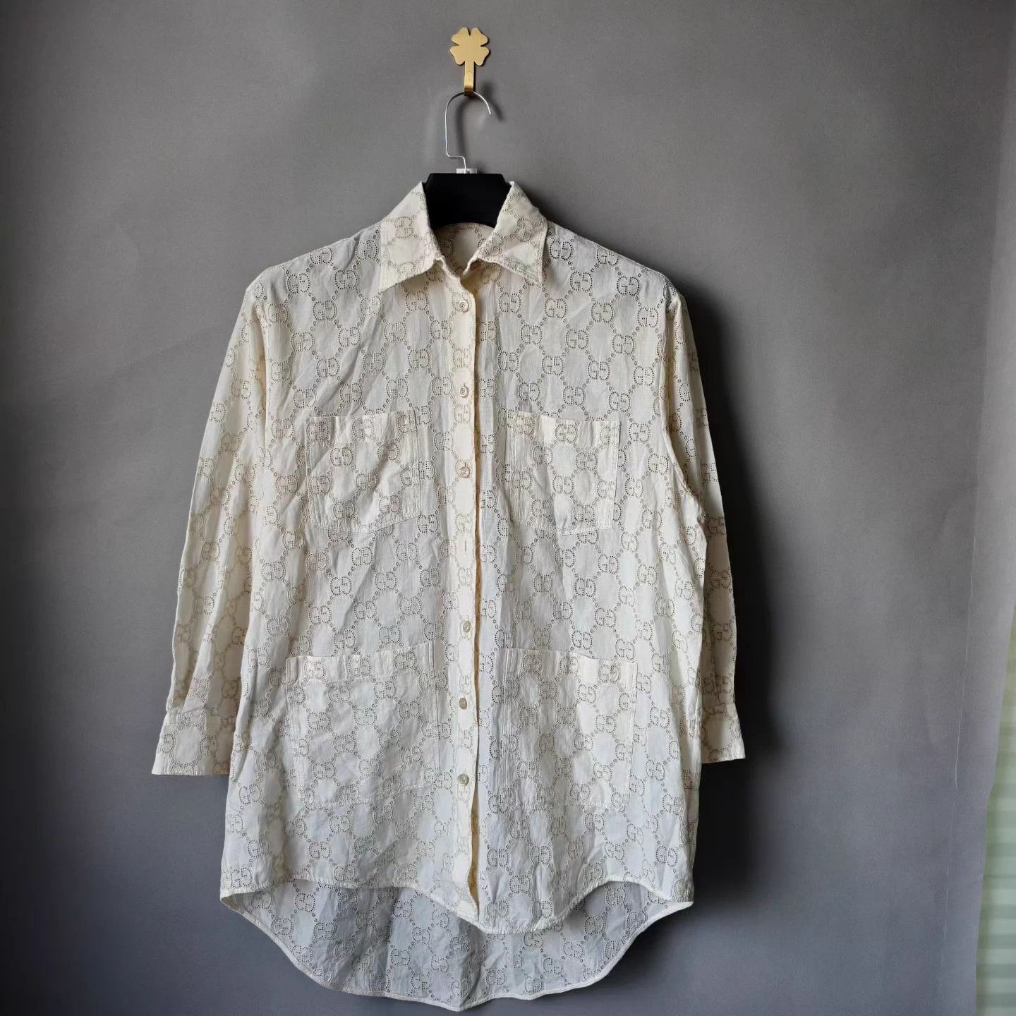 Gucci Gucci Beige GG Embroidered Openwork Cotton Shirt Size S / US 4 / IT 40 - 1 Thumbnail