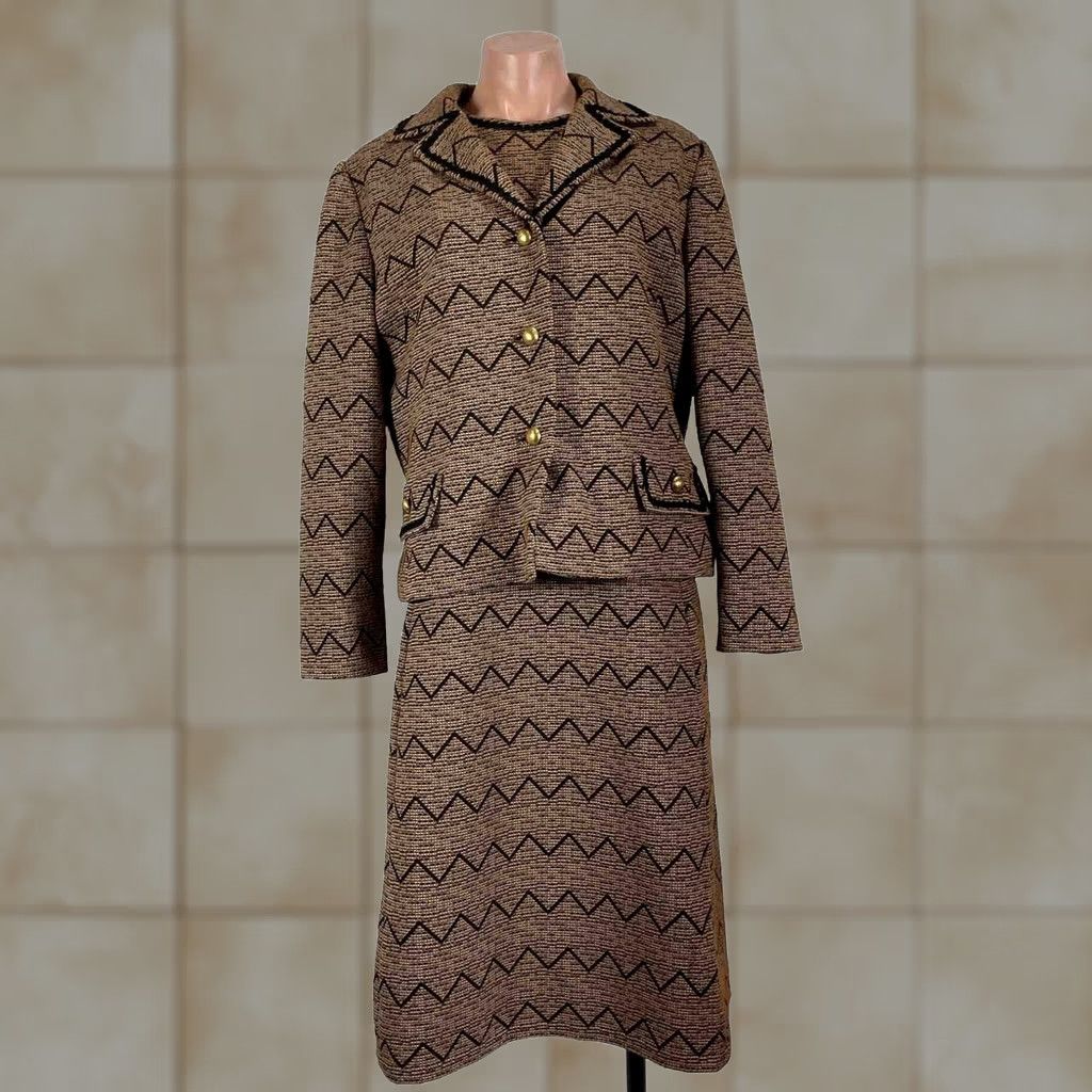 Vintage VINTAGE 50S MOD CHEVRON TWEED JACKET A LINE DRESS SUIT PLUS sz 20 UnionMade Brown Acrylic Blend Art Deco Womens 1940s Size 3XL / US 20-22 - 1 Thumbnail