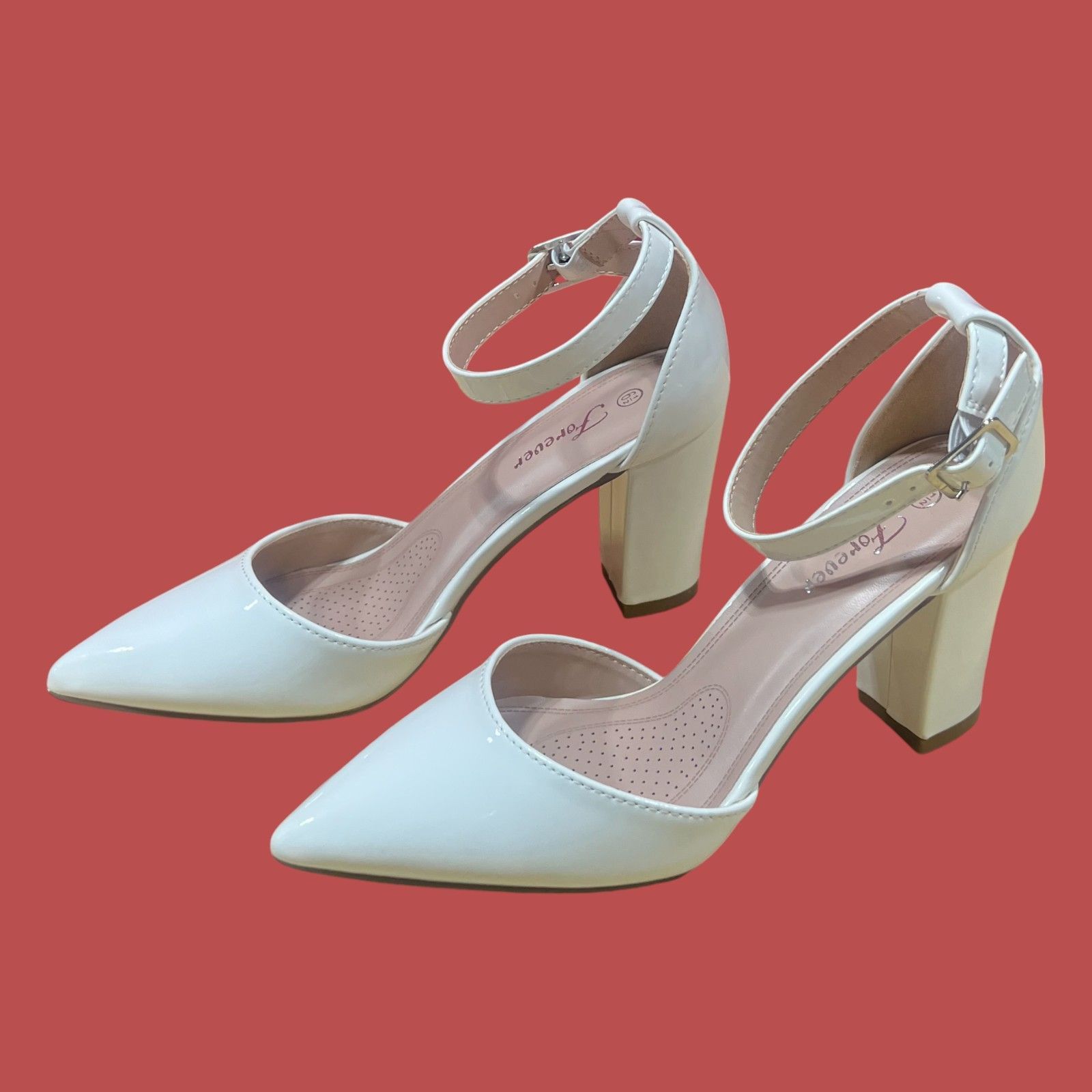 Other Forever - Women's Buckle Ankle Strap Chunky Heel Pumps - Whi Size US 6.5 / IT 36.5 - 4 Thumbnail