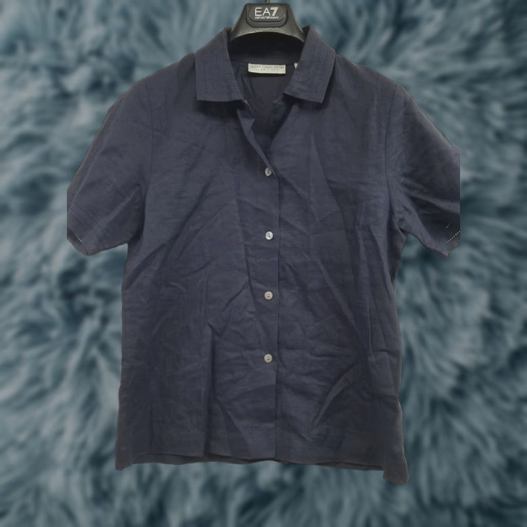 Vintage Valerie Stevens Blouse Shirt Women 8P Blue Linen Short Sleeve Button-Down Collar Tunic Casual Fall Spring Summer Regular Fit Size M / US 6-8 / IT 42-44 - 1 Thumbnail