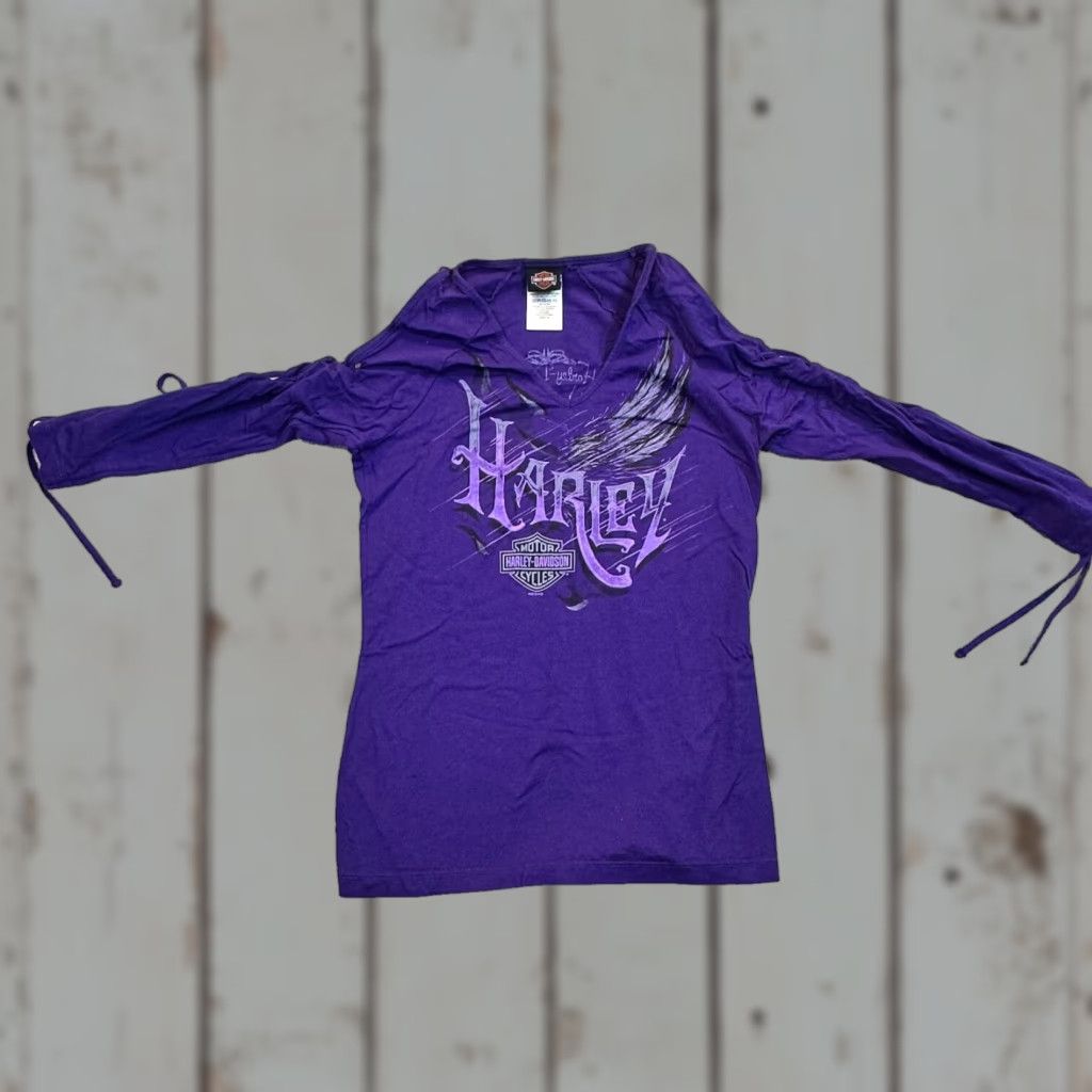 Harley Davidson Harley-Davidson Girls Teen Small Purple Strap Sleeve Open T-Shirt Logo Harley-Davidson 2019 V-Neck Cotton Knit Short Sleeve Shirt Size US S / EU 44-46 / 1 - 1 Thumbnail