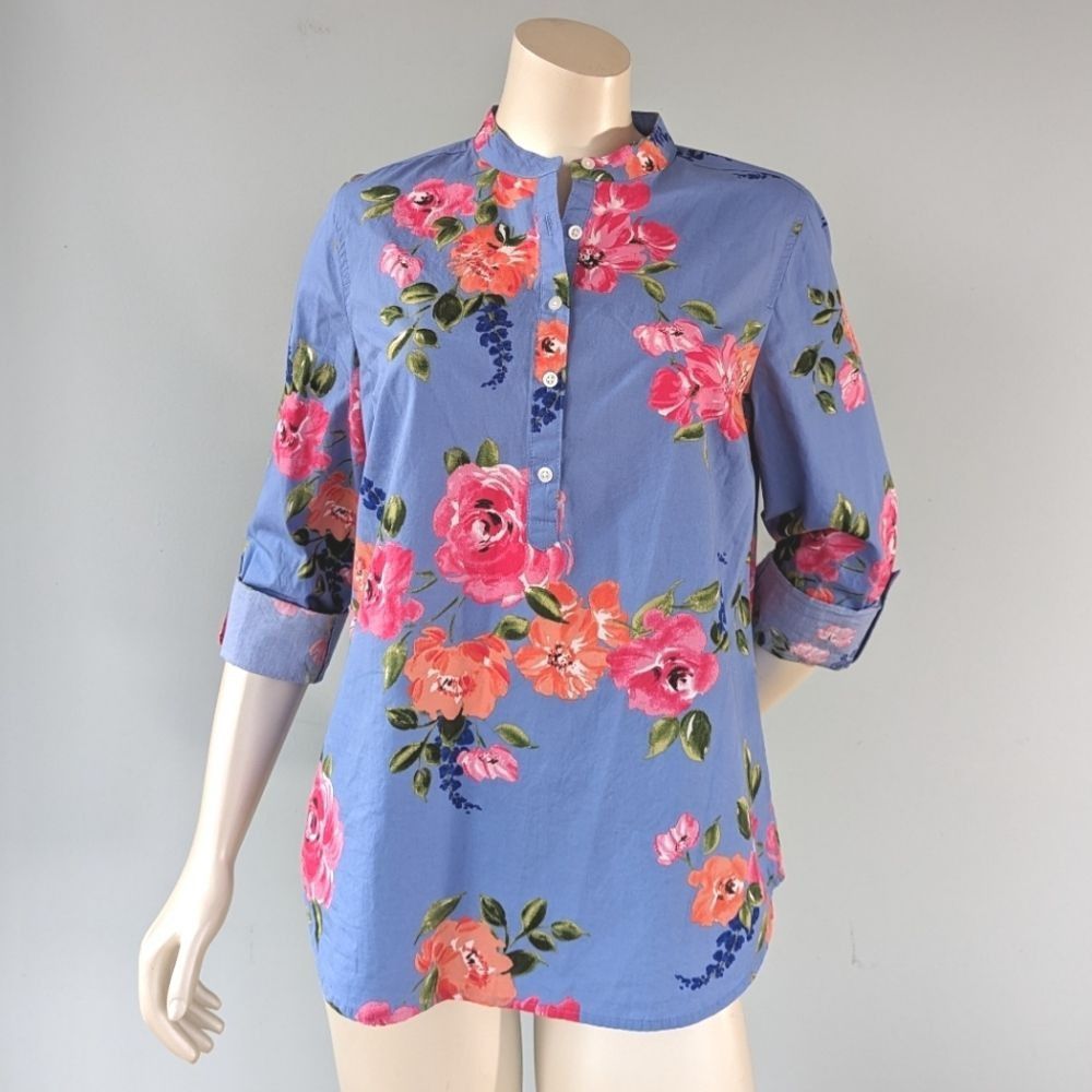 Talbots Talbots Womens Petite Blue Floral Adjustable Sleeve Top PL Size L / US 10 / IT 46 - 2 Thumbnail