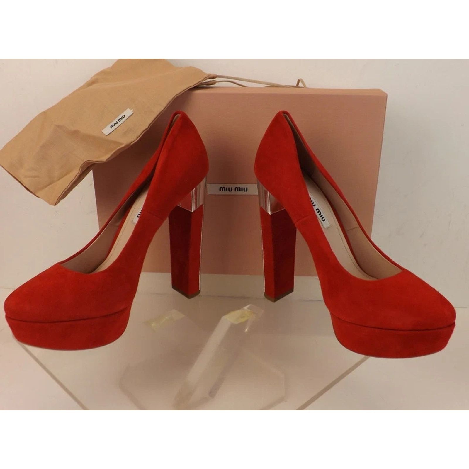 Miu Miu MIU MIU PRADA 5IP334 RED SUEDE SILVER MIRROR HEEL PUMPS 37.5 Size US 7.5 / IT 37.5 - 3 Thumbnail
