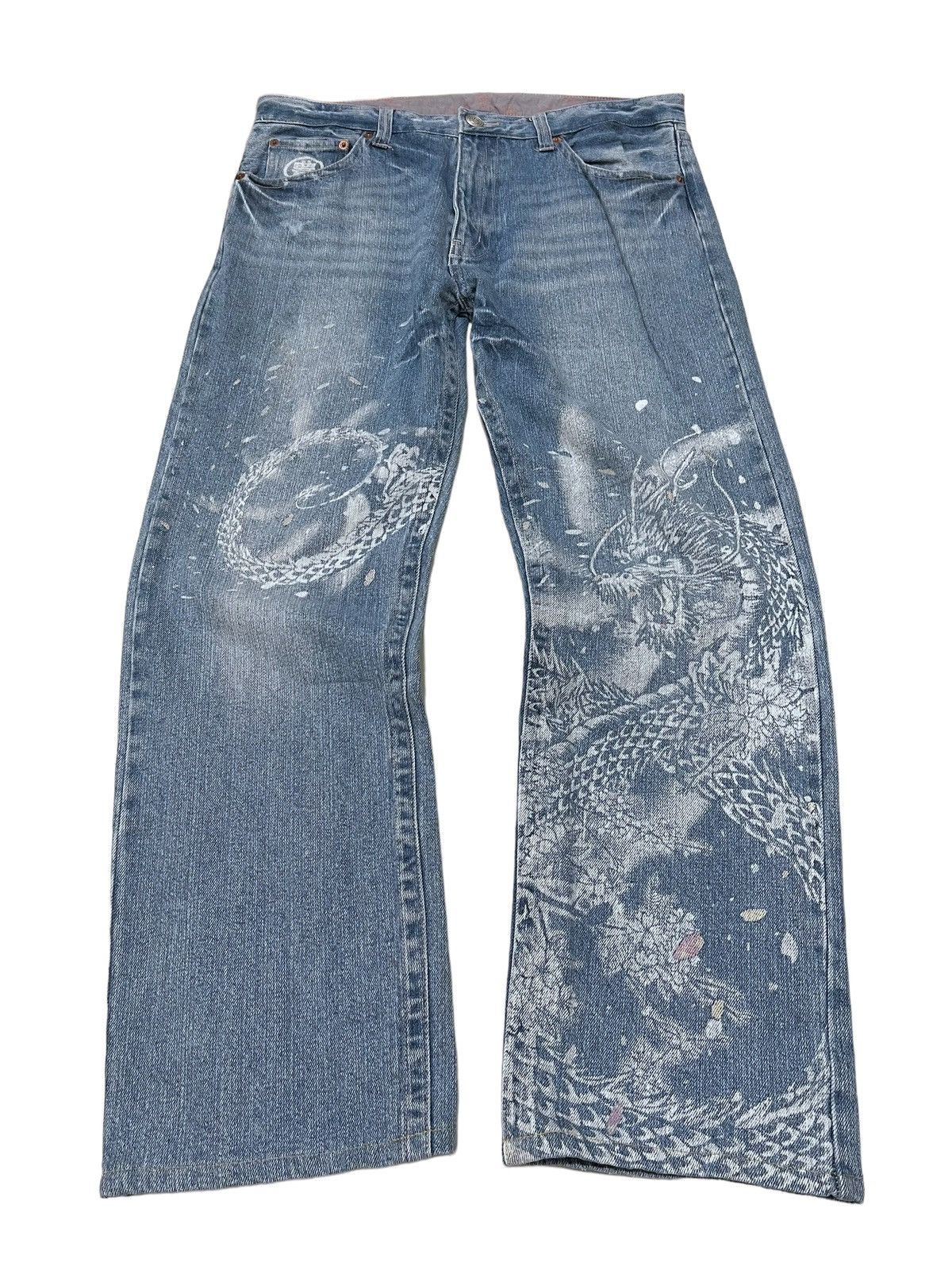 Image of Avant Garde x If Six Was Nine Senba Dragon Japanese Jeans in Washed Blue, Men's (Size 34)