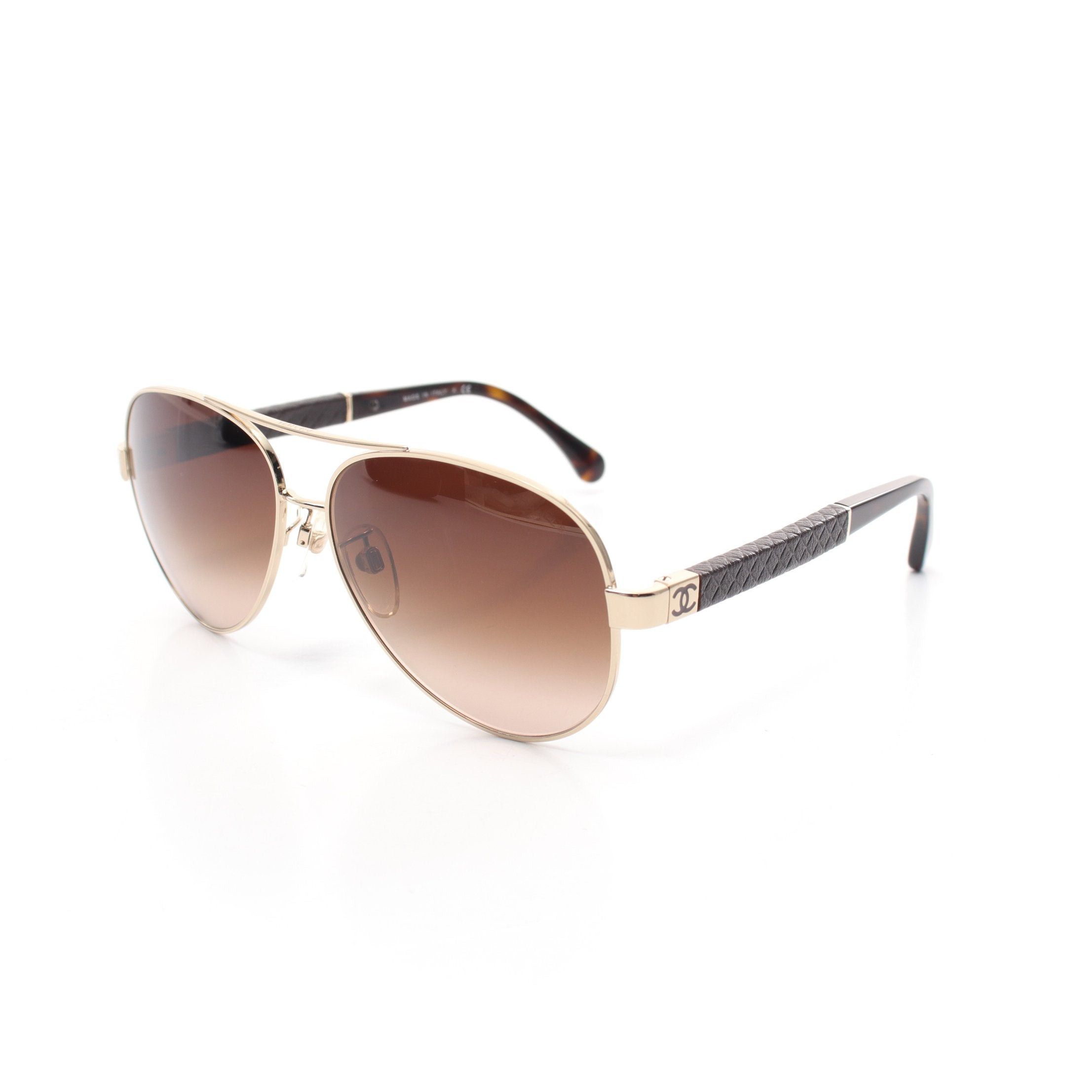 Chanel Chanel Teardrop Matelasse Coco Mark Sunglasses Leather Gold Dark Brown Size ONE SIZE - 1 Thumbnail