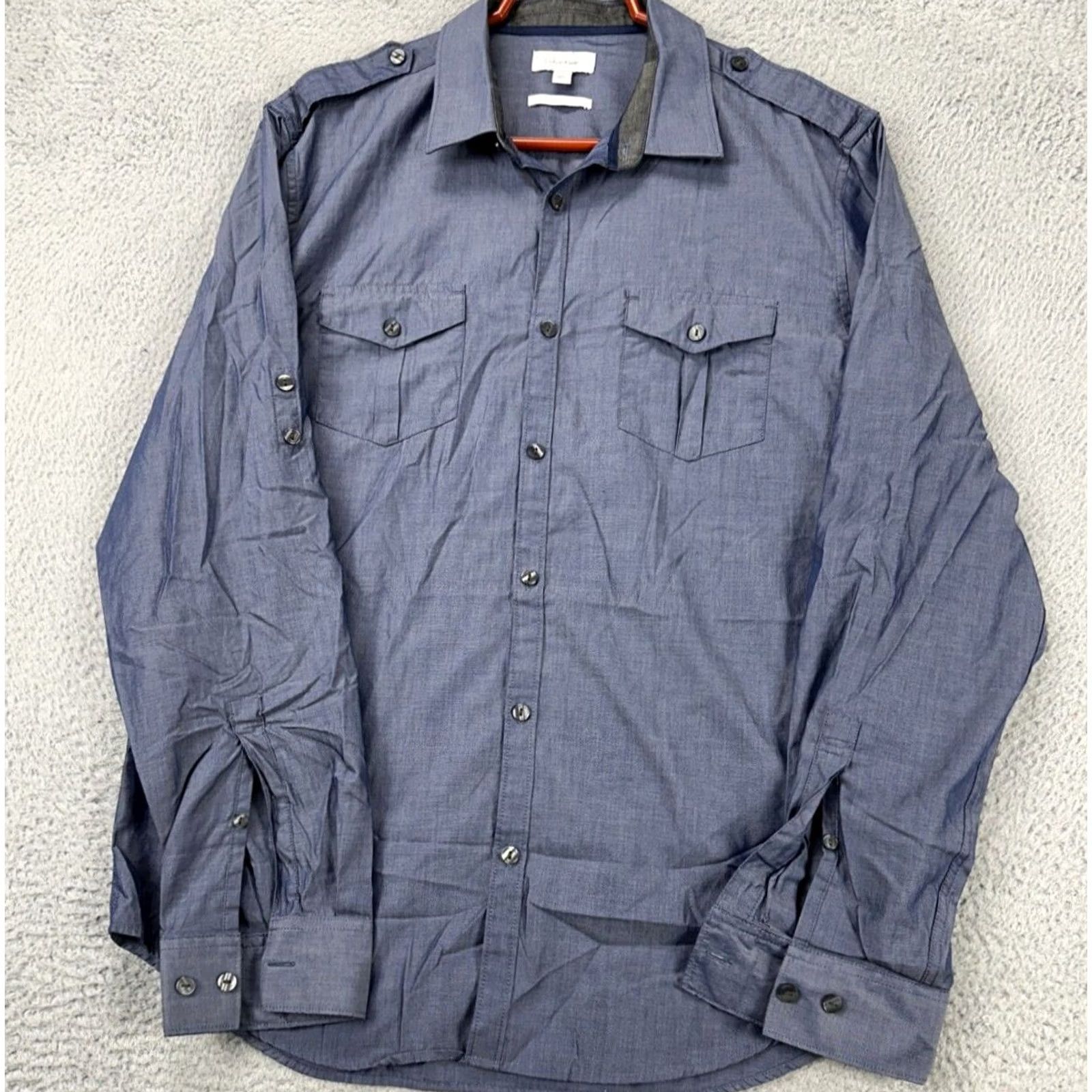 Calvin Klein Calvin Klein Button-Up Shirt Mens Large Blue 100% Cotton Slim Fit Flap Pocket Button Up Short Sleeves? Size US L / EU 52-54 / 3 - 3 Thumbnail