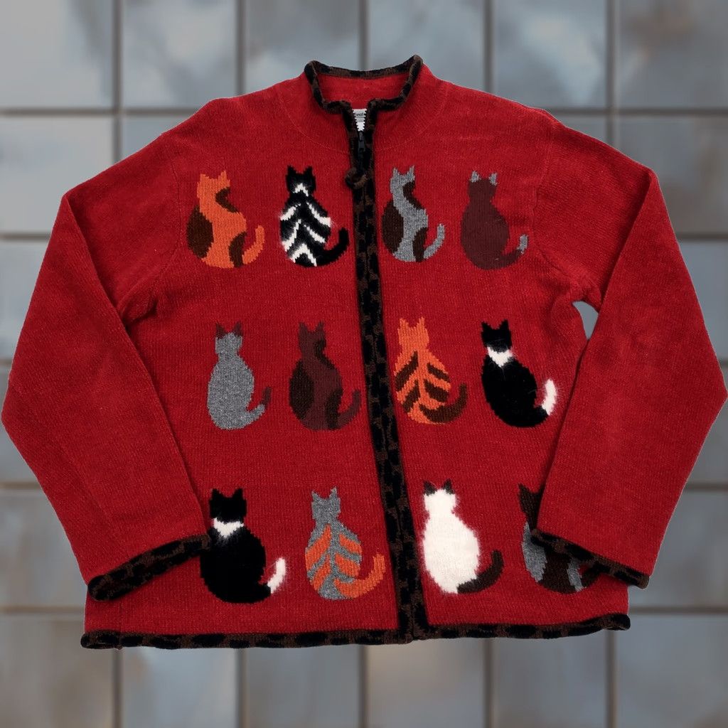 Coldwater Creek VINTAGE Coldwater Creek Cat Cardigan Sweater L Women Full Zip Mock Neck Knit All Seasons Size L / US 10 / IT 46 - 1 Thumbnail