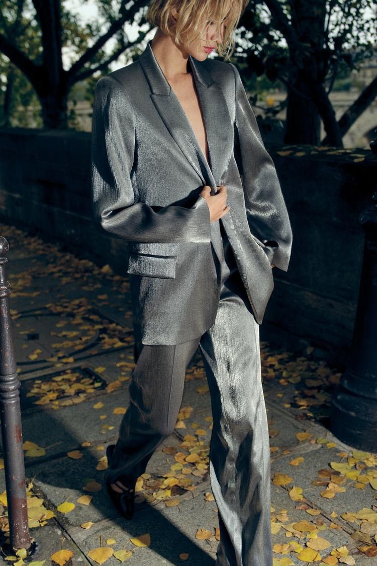 Zara ZARA Metallic Shimmer Suit Set Blazer & Trousers Silver Gray | Grailed