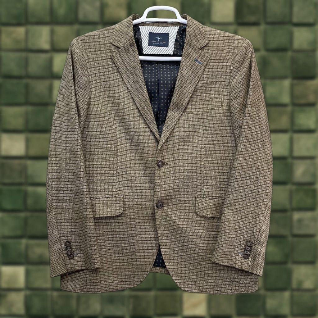 Tailorbyrd TAILORBYRD Blazer Mens 40S Single-Breasted Two-Button Jacket Casual Geometric Brown Polyester Spandex Rayon Stretch Notch Lapel Size 40R - 1 Thumbnail