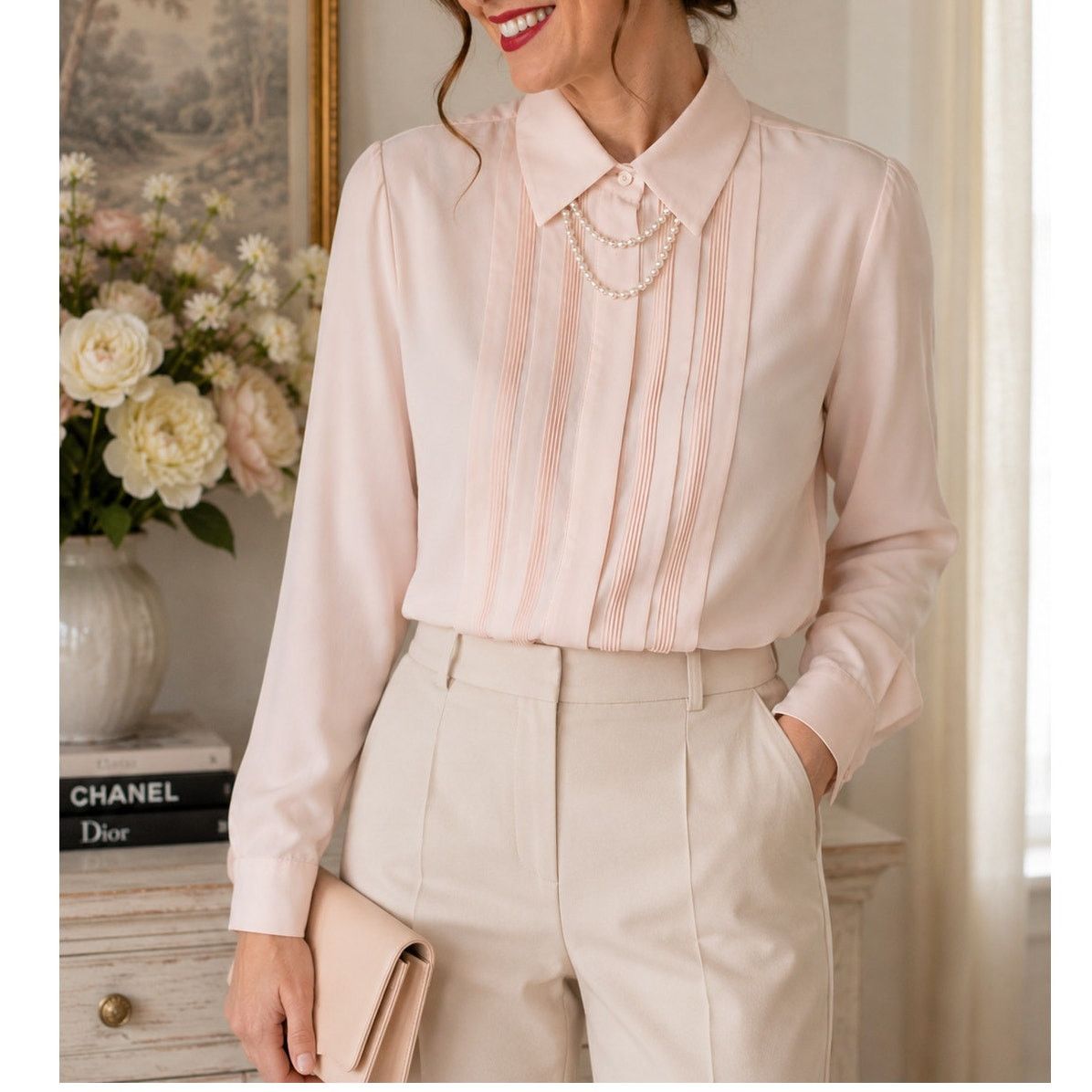 Vintage Vintage pale pink pleated blouse w/ pearl collar M Size M / US 6-8 / IT 42-44 - 4 Thumbnail