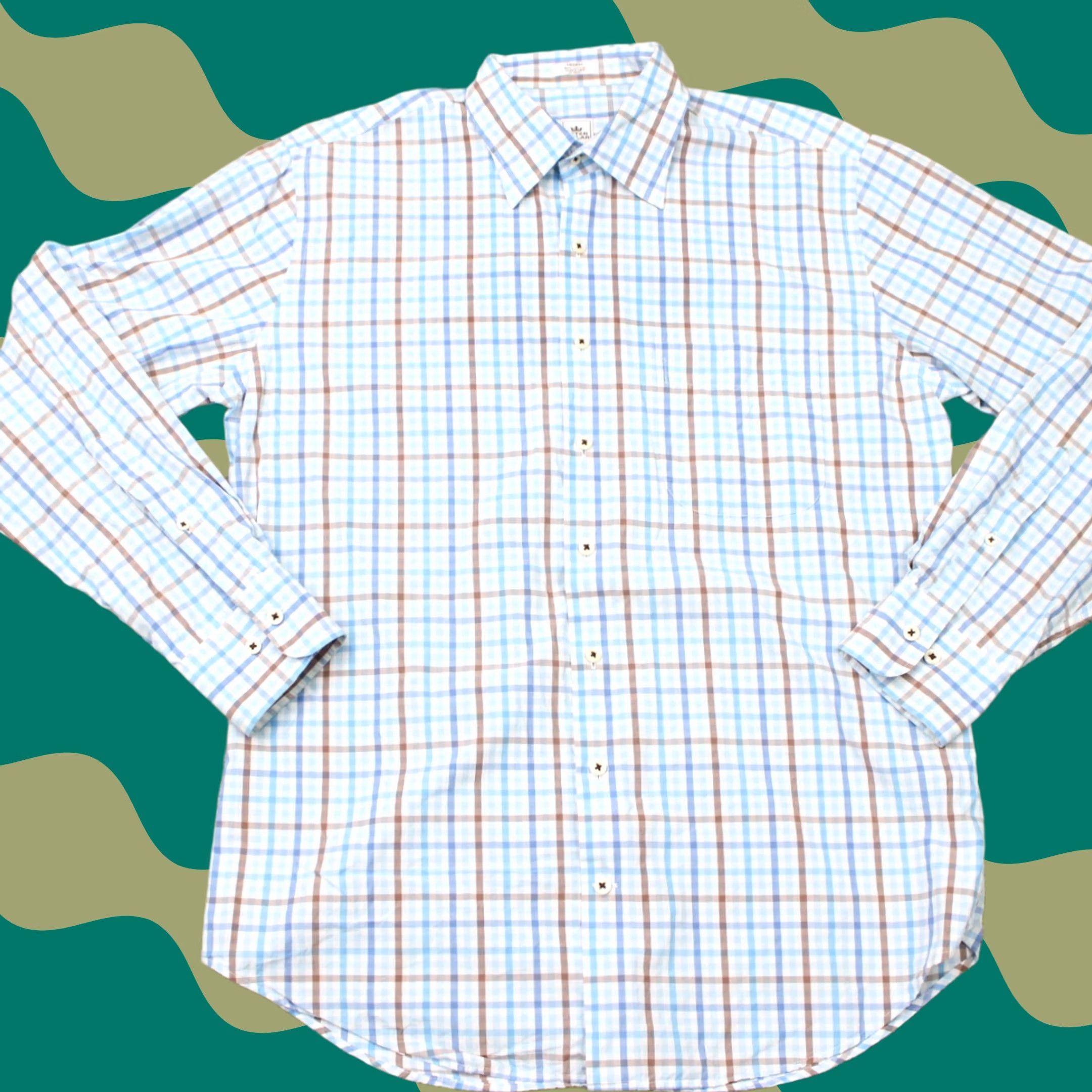 Peter Millar Peter Millar Shirt Mens Medium Blue/Brown Weekender Wash Cotton Long Sleeve Button-Up Shirt Cap-Down Plaid Casual Workwear Mens Regular Adult Size US M / EU 48-50 / 2 - 1 Thumbnail