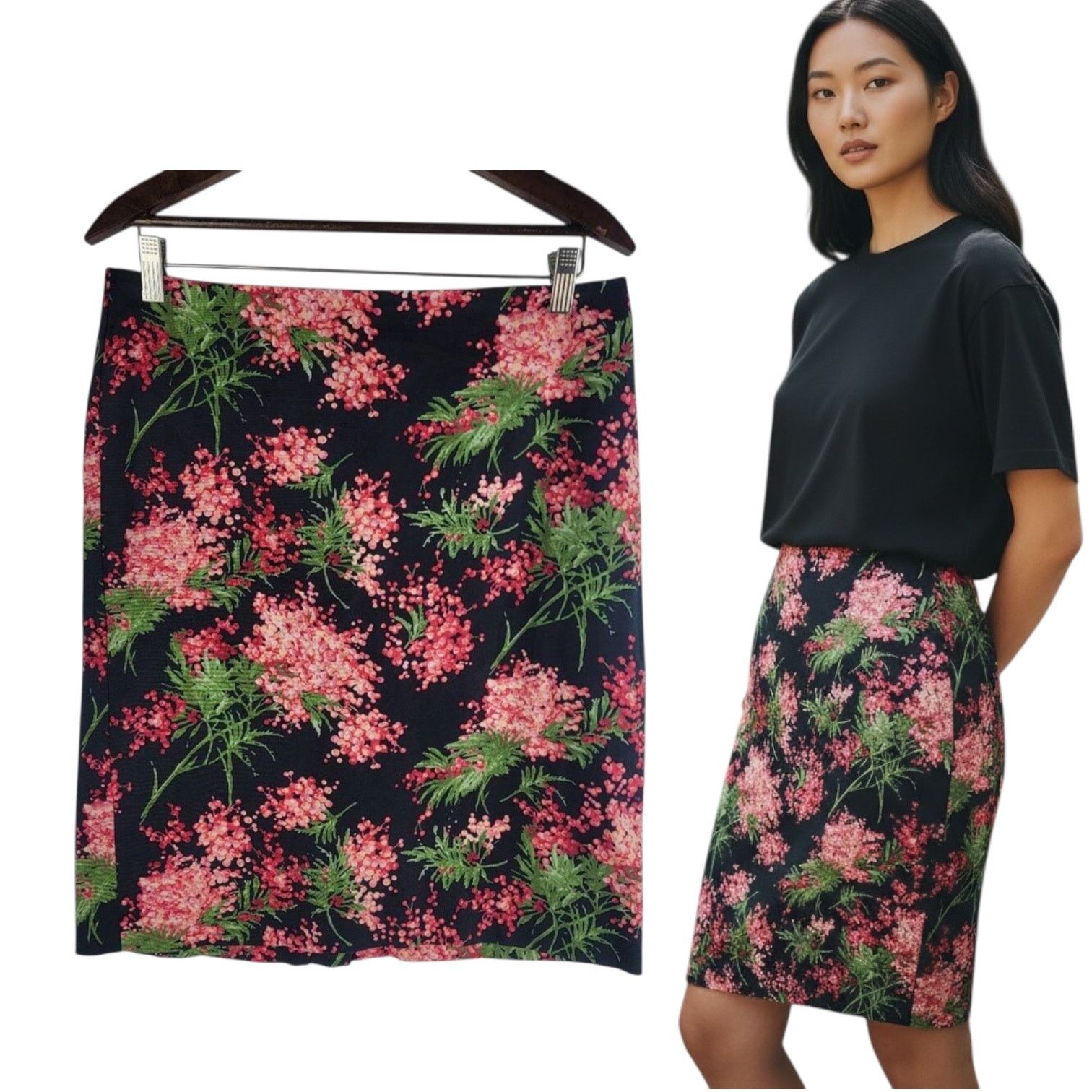 Talbots Talbots Black Floral Pencil Skirt Back Zip Petite Black Size 34" / US 12 / IT 48 - 1 Thumbnail