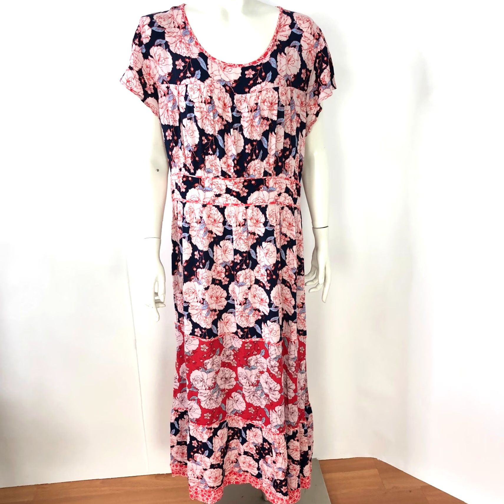 Vintage Knox Rose XL Maxi Dress Floral All Over Print Blue MINT - 100% Rayon, Bohemian, Short Sleeve, Round Neck, Pullover, Regular Size, Womens Fit Size XL / US 12-14 / IT 48-50 - 2 Thumbnail