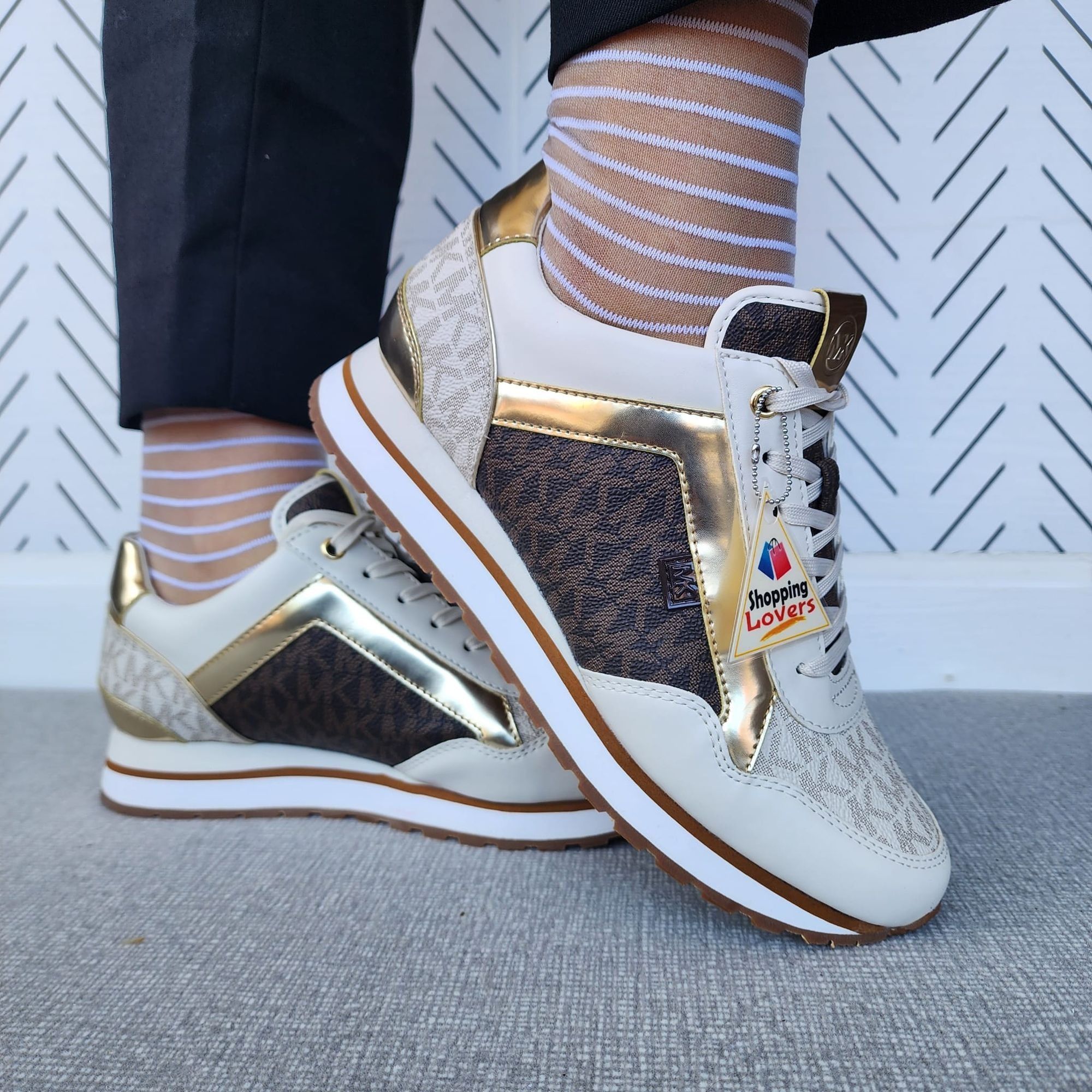 image of Michael Kors Maddy Mixed Media Trainer Size 8 Women Shoes Va in Vanilla Brown