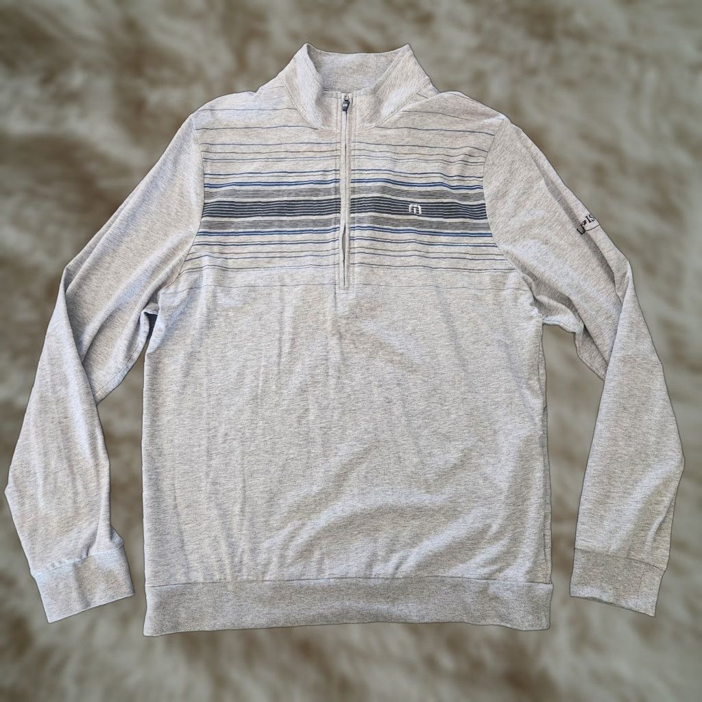 TravisMathew Travis Mathew 1/4 Zip Pullover Mens Medium Gray Striped Golf Performance Pullover Knit Zip Pocket All Seasons Lightweight Size US M / EU 48-50 / 2 - 1 Thumbnail