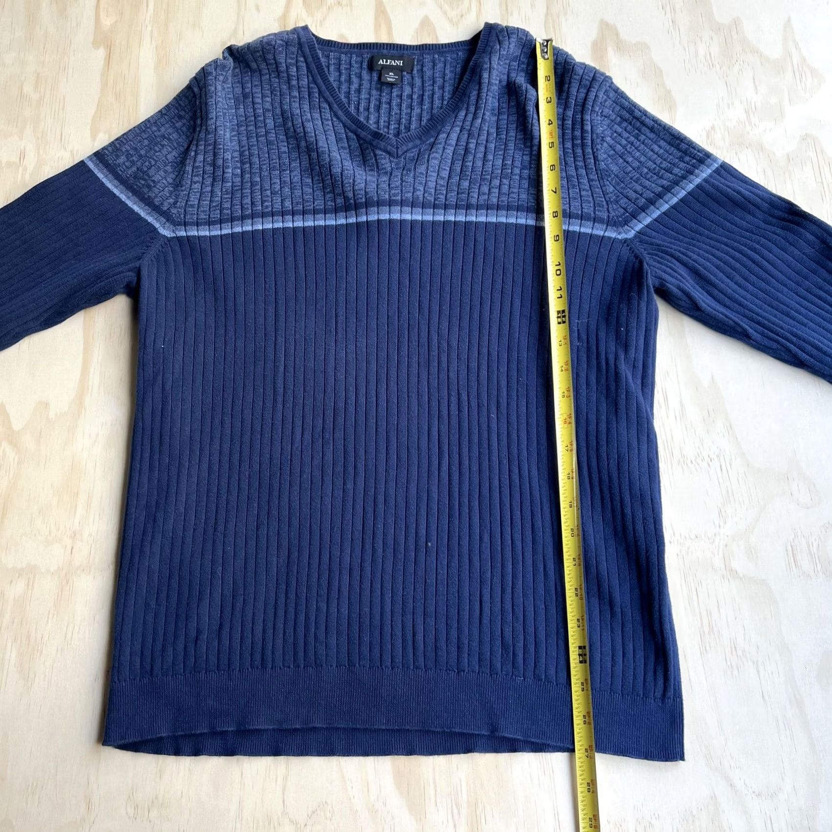 Alfani Alfani Sweater Mens XL Blue Striped V Neck 100% Cotton Ribbed Knit Pullover Size US XL / EU 56 / 4 - 5 Thumbnail