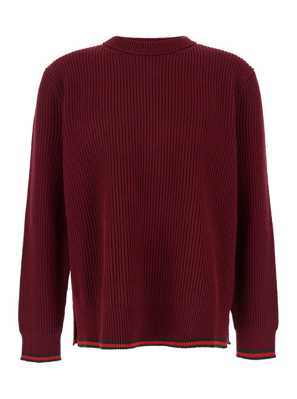 Gucci Red Crewneck Sweater with Web Detail in Ribbed Wool Blend Man Size US M / EU 48-50 / 2 - 1 Thumbnail