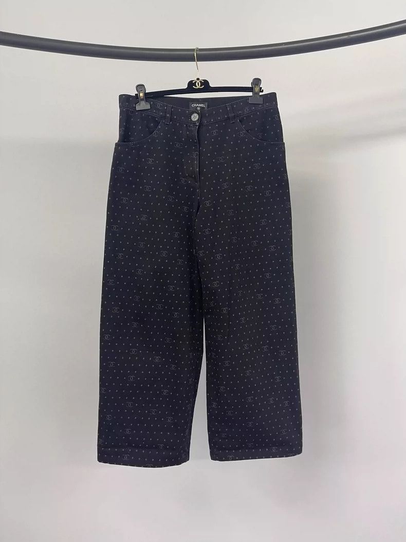 Chanel Black full logo wide-leg jeans