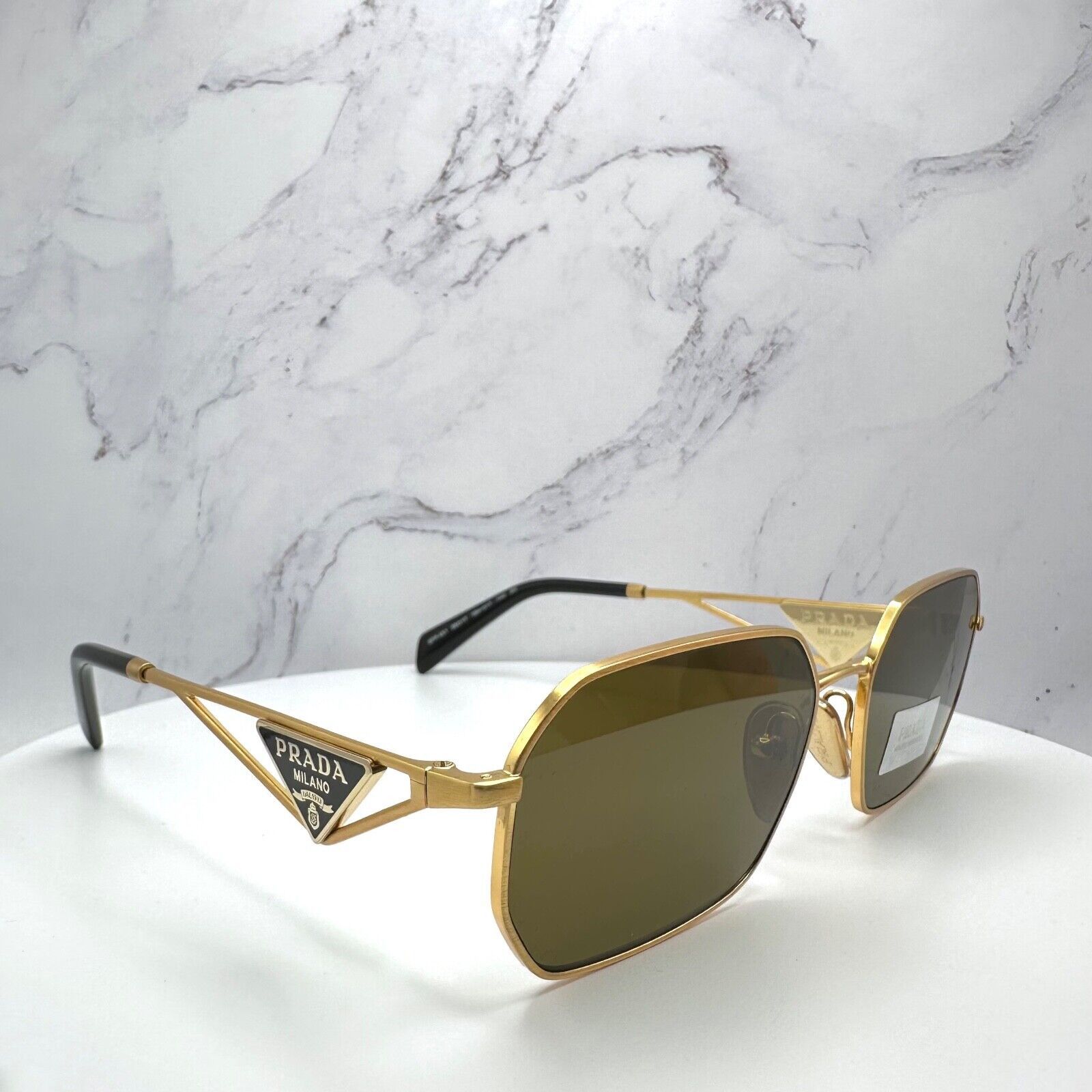 New Prada Sunglasses Gold Metal Black Plaque Triangle Logo