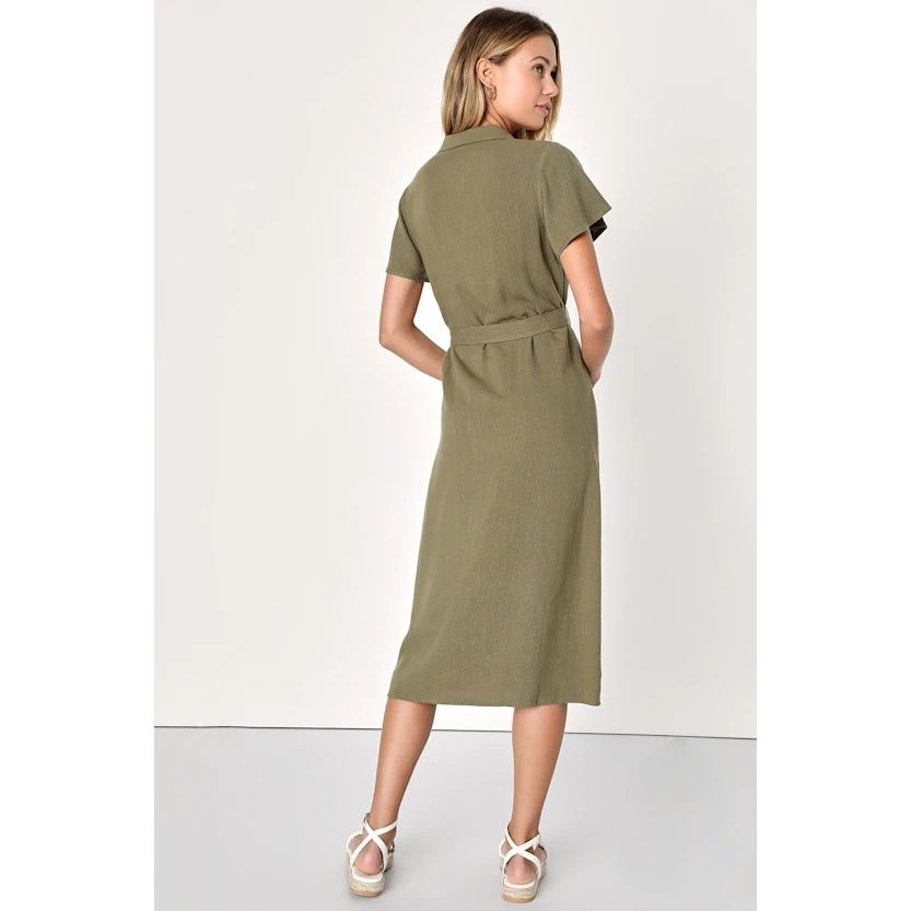 Lulus NWT Lulus Italian Summer Olive Green Linen Button-Up Dress Size XS / US 0-2 / IT 36-38 - 2 Thumbnail