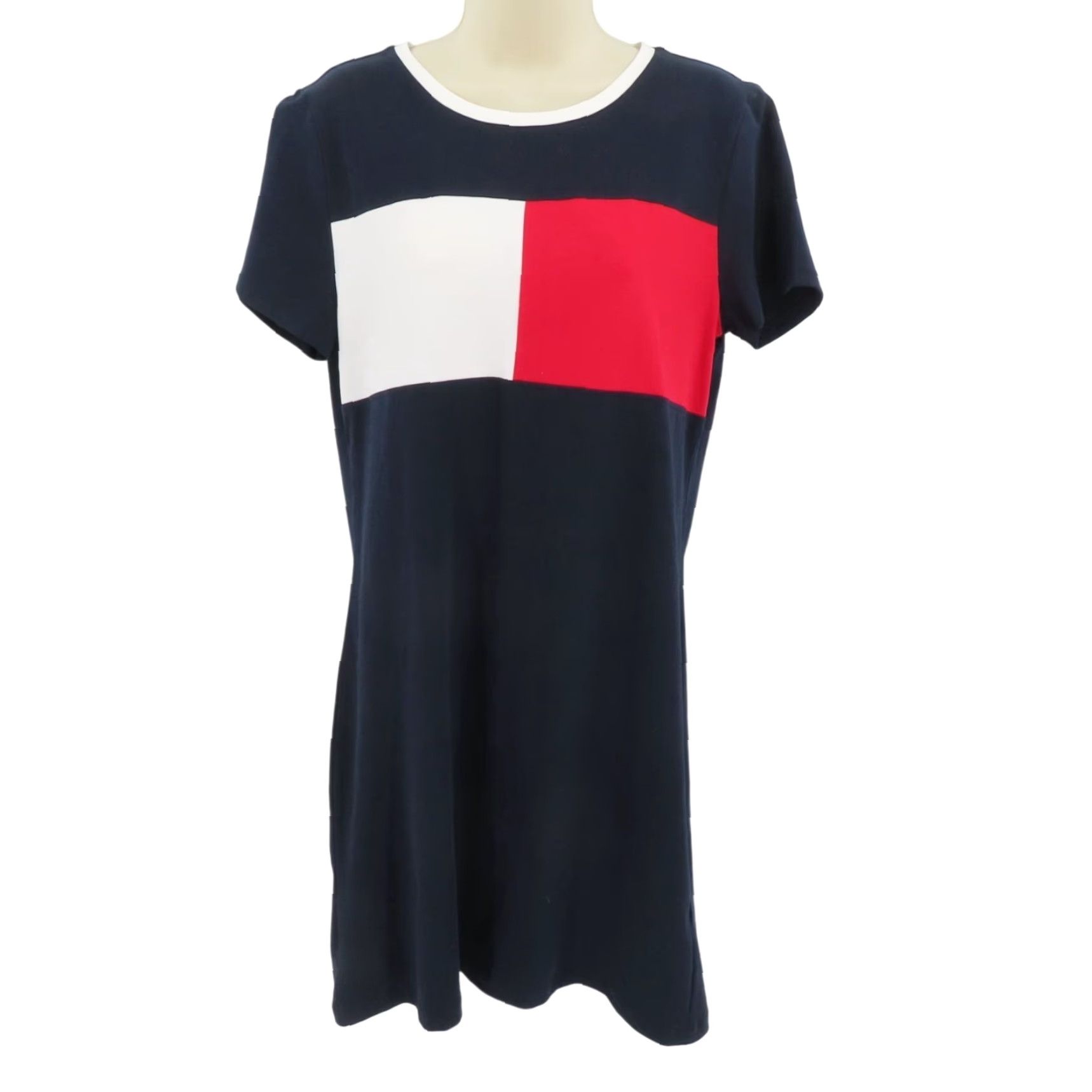 Tommy Hilfiger Tommy Hilfiger Dress Women Medium Short Sleeve Cotton Blend Solid Knee Length Blue White Red Shirt Dress T-Shirt Dress Vintage? No Size 32" / US 10 / IT 46 - 2 Thumbnail