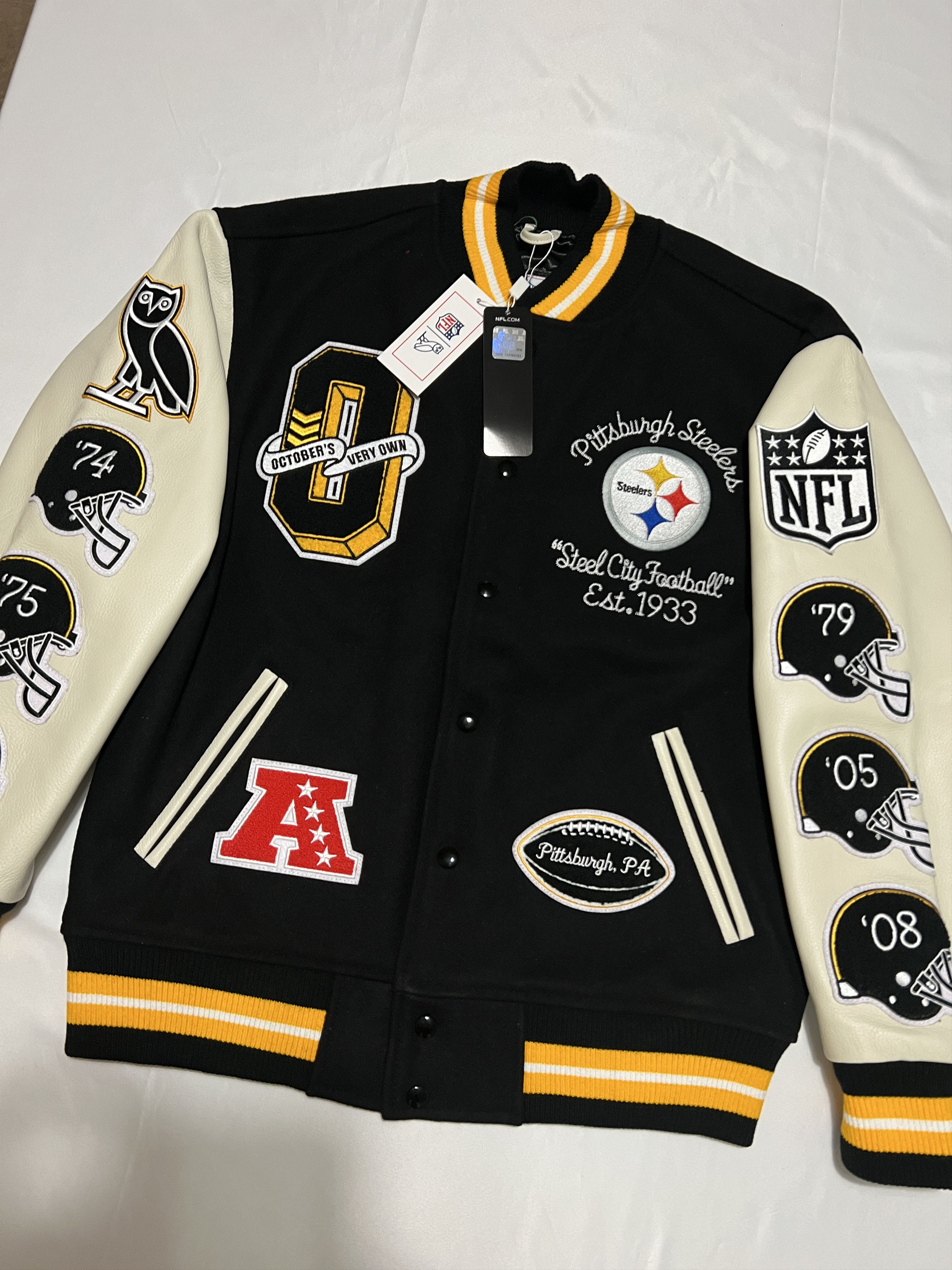 Drake OVO x NFL PITTSBURGH STEELERS OG OWL GAME DAY VARSITY JACKET Size US M / EU 48-50 / 2 - 7 Thumbnail