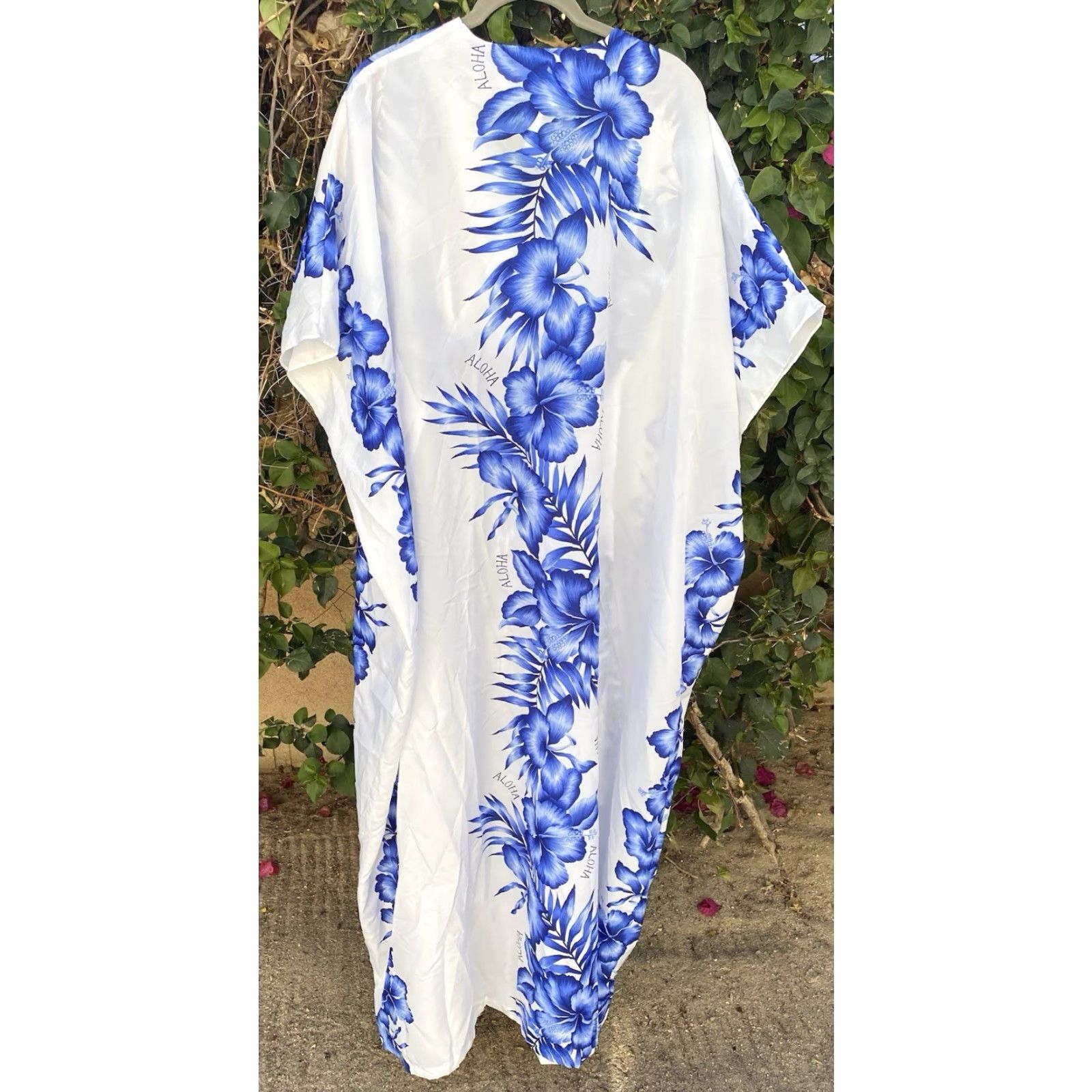 Vintage VINTAGE White Kaftan Shirt Women One Size White Blue Aloha Hawaiian Floral Tiki Casual Dress Size ONE SIZE - 3 Thumbnail