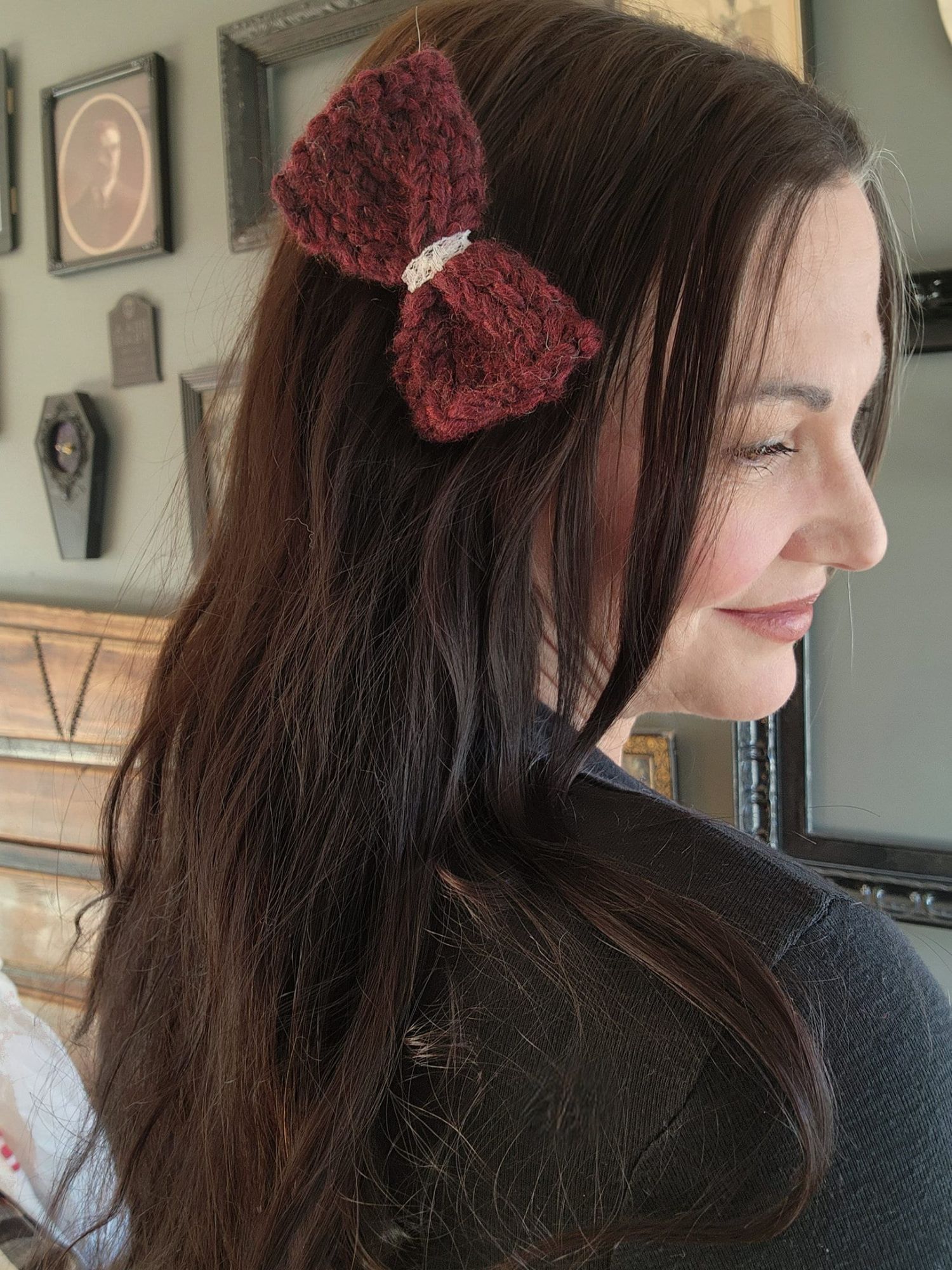 Handmade Hand Knit Hair Bow on Clip, Dark Red with Vintage White Lace Size ONE SIZE - 4 Thumbnail