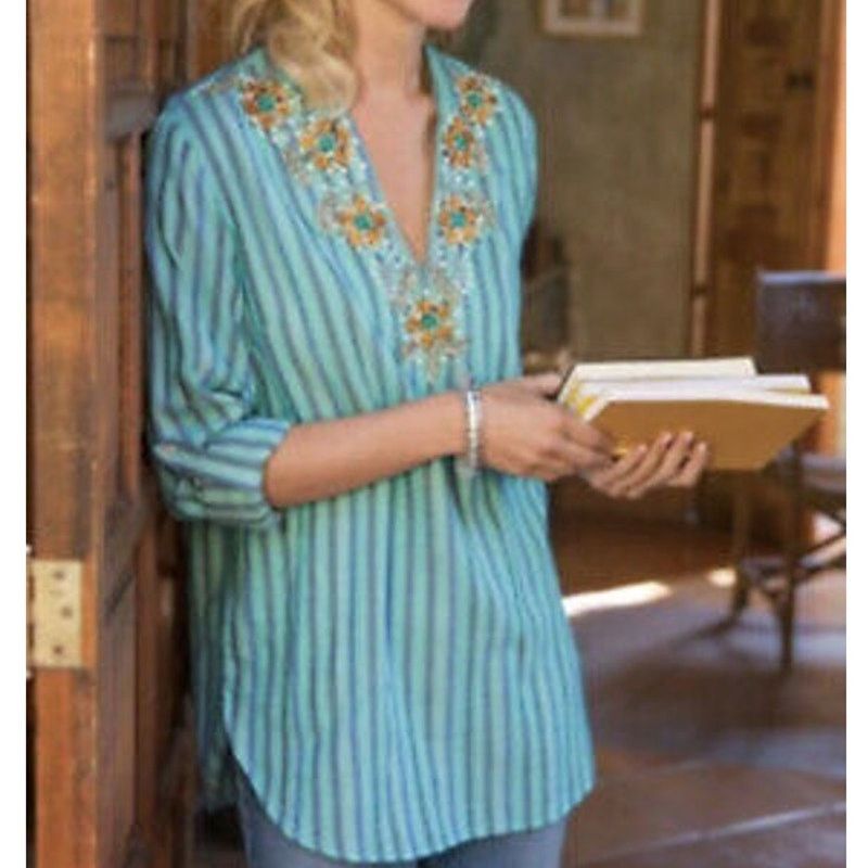 Soft Surroundings Soft Surroundings Tortola Beaded Tunic Sz L Striped Coastal Size L / US 10 / IT 46 - 1 Thumbnail