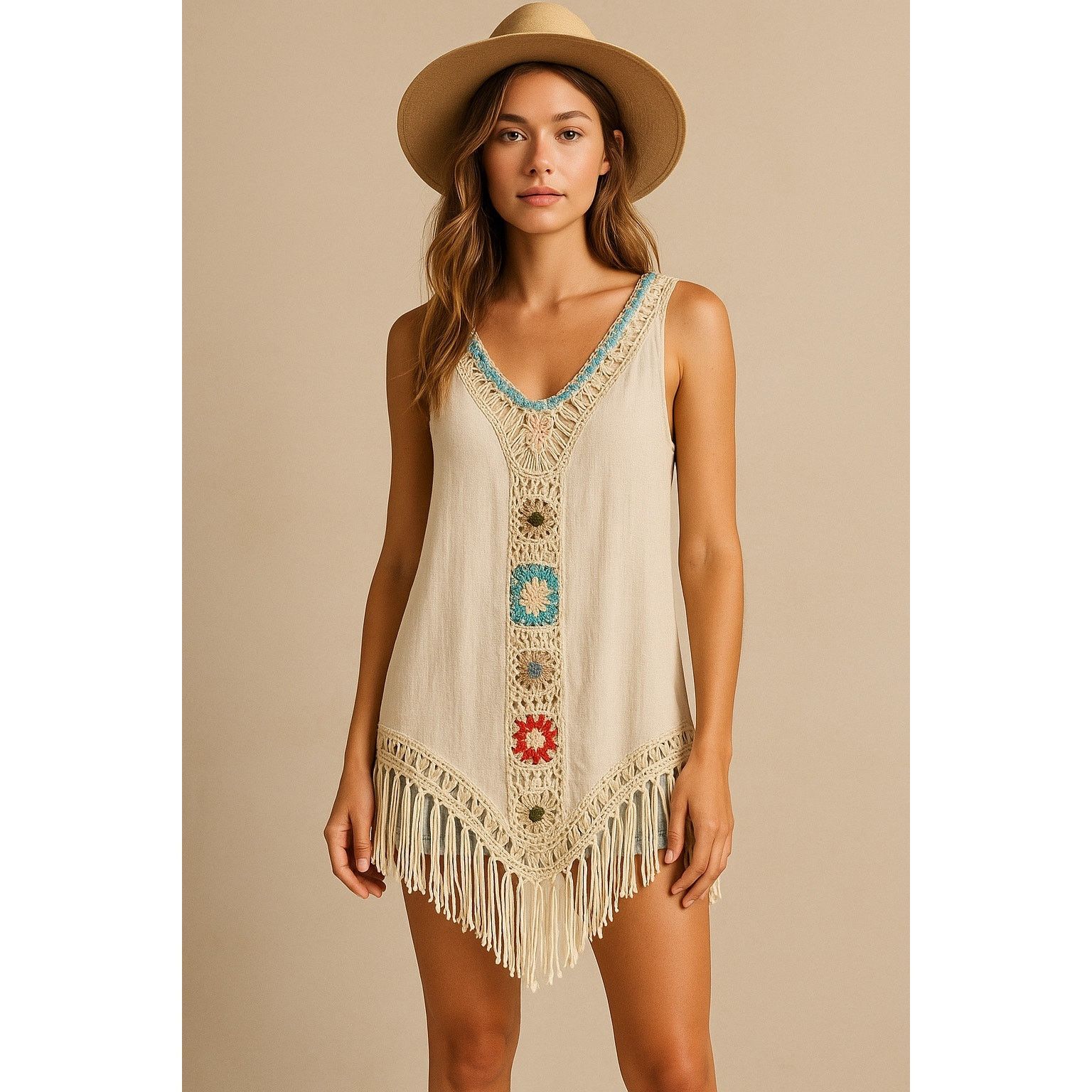 Other Negs Women’s Crochet Fringe Tunic Cover Up Cream Medium Larg Size ONE SIZE - 13 Thumbnail