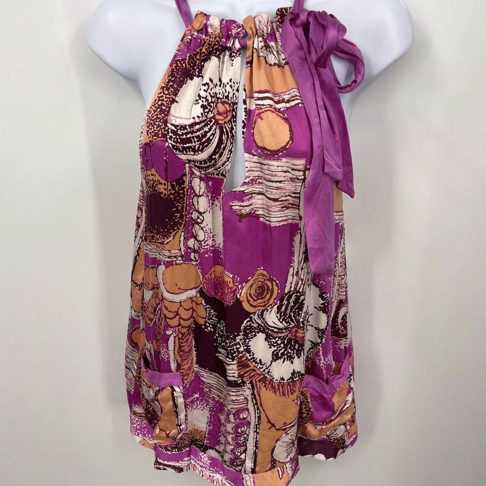 Vintage Hale Bob Silk Blouse Top Women XS Pink Floral Sleeveless Halter Tie Bohemian Retro Pockets Size XS / US 0-2 / IT 36-38 - 4 Thumbnail