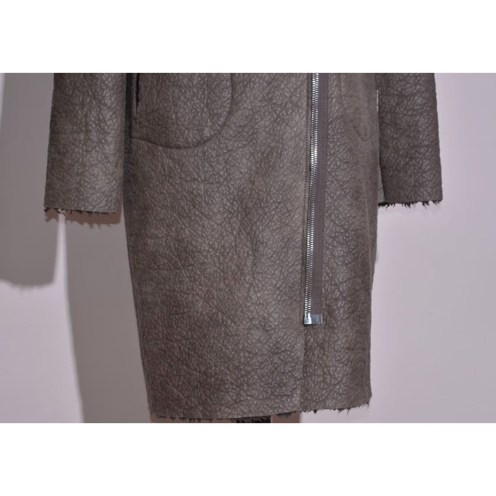 Cop Copine Cop. Copine Shearling Faux Leather Coat Asymmetrical Zip Hooded Jacket Grey 38 S Size S / US 4 / IT 40 - 3 Thumbnail