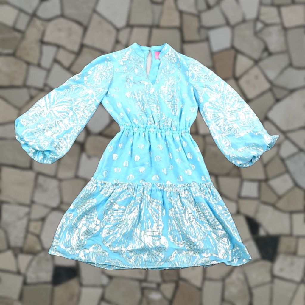 Lilly Pulitzer Lilly Pulitzer Dress Womens 0 Blue Joella Metallic Silk Balloon Sleeve Fit Flare Size XS / US 0-2 / IT 36-38 - 1 Thumbnail