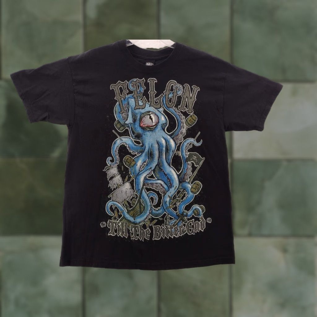 Vintage VINTAGE Felony USA Made Short Sleeve T-Shirt Men Large Black Rock Octopus 90s Graphic Size US L / EU 52-54 / 3 - 1 Thumbnail