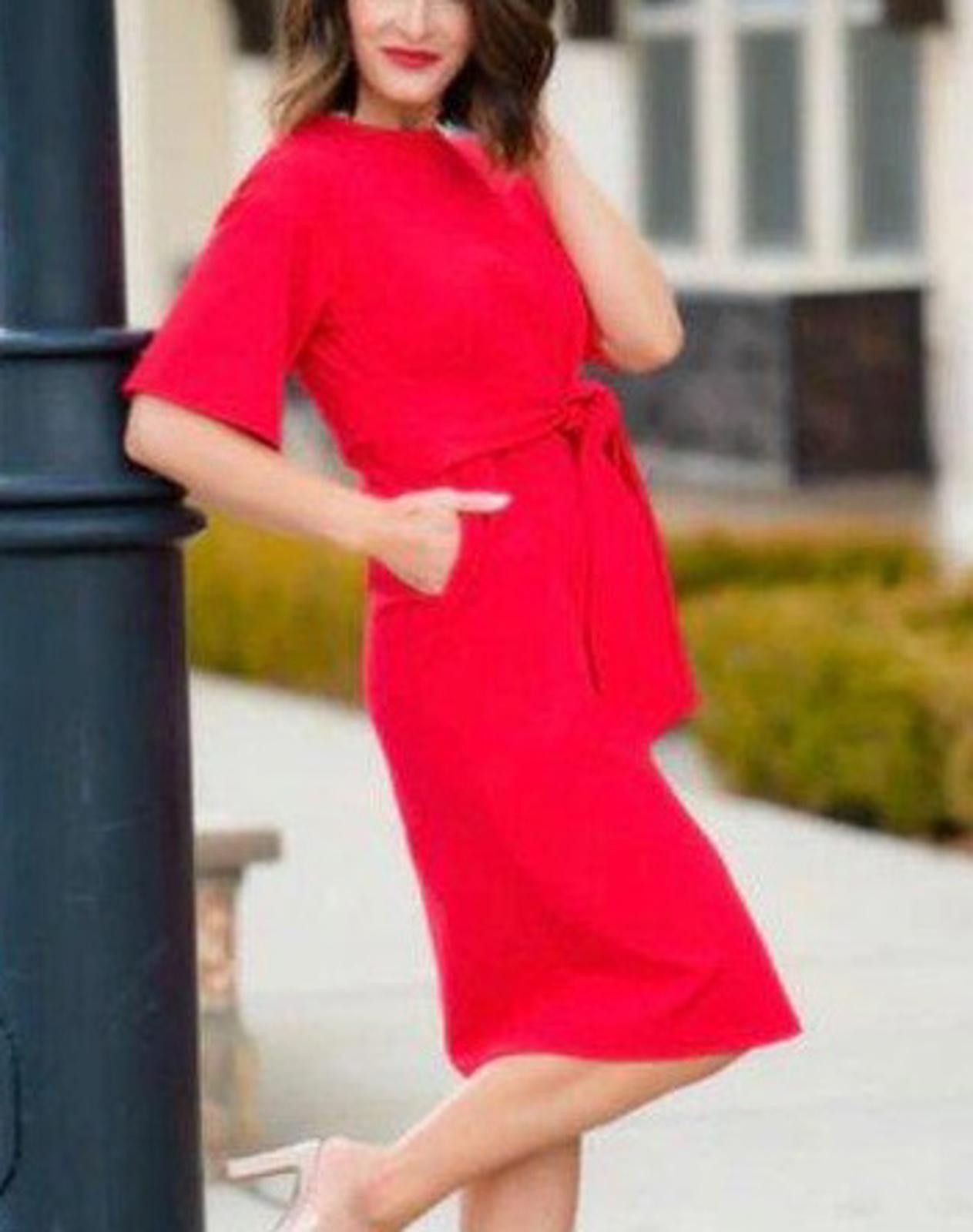 Designer Brigitte Brianna Red Knee-Length Belted Dress Womens Fashion Size L / US 10 / IT 46 - 6 Thumbnail