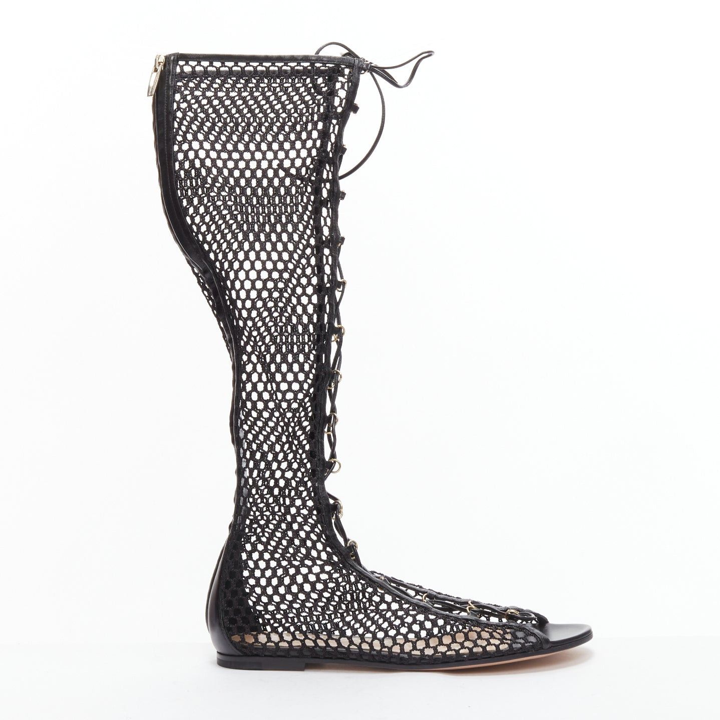 Gianvito Rossi GIANVITO ROSSI Helena black crochet mesh gold rings lace up sandals EU38 Size US 8 / IT 38 - 1 Thumbnail