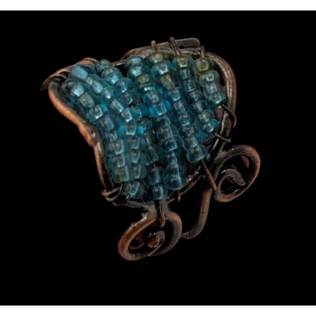 Handmade Handmade Copper Wire Wrapped Ring With Blue Glass Beads Adju Size ONE SIZE - 1 Thumbnail