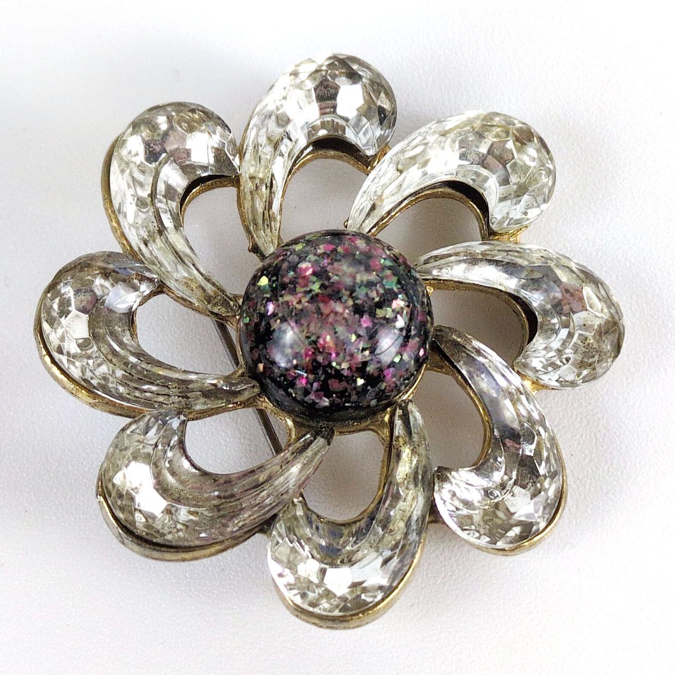 Vintage Rhinestone Swirl Flower Lucite Center Glitter Brooch Pin Size ONE SIZE - 2 Thumbnail