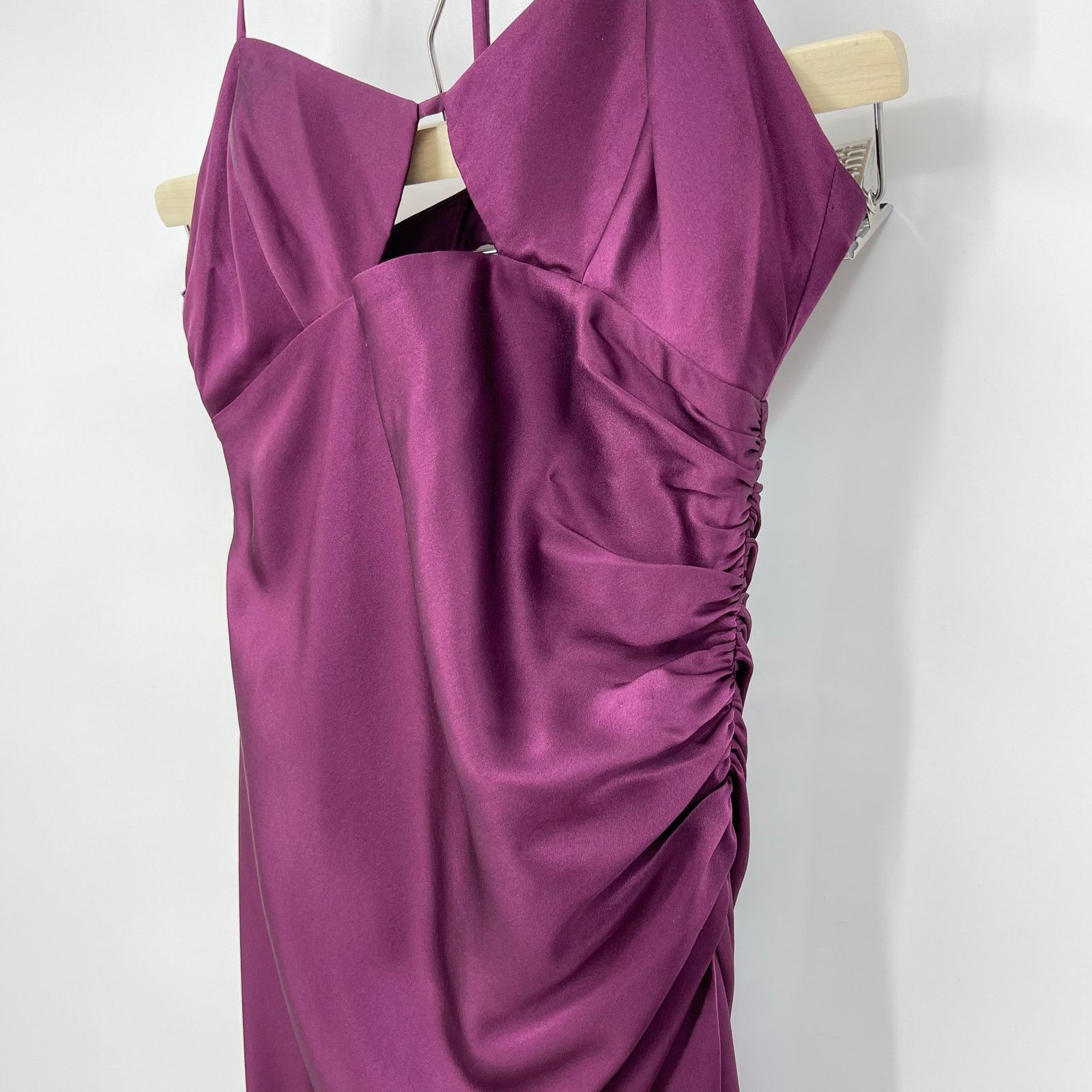 The Sei Ruched Cut Out Silk Midi Dress in Burgundy 2